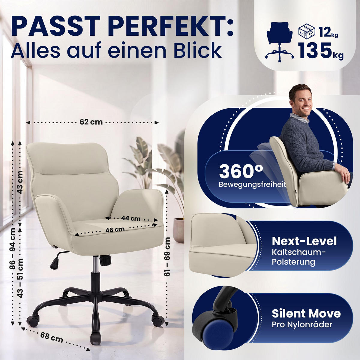 DREHSTUHL Lederlook Creme - Creme/Schwarz, Textil (62/86/68cm) - CLP