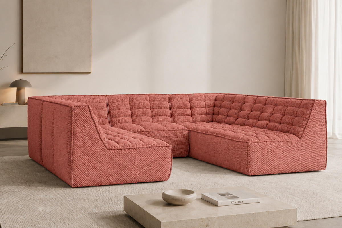 ROHOVÁ SEDAČKA modulární Corner ve tvaru U, plyšová tkanina Pop, Růžová, LAZY U CORNER - růžová, dřevo (266/76/253cm) - Kaiser Möbel