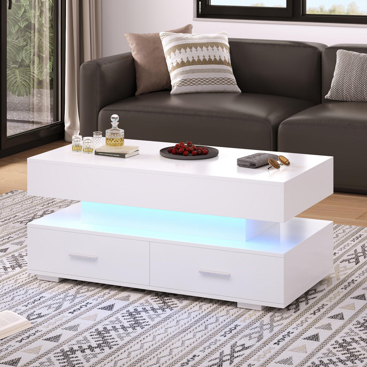 COUCHTISCH höhenverstellbar 100 x 50 x 44 cm Weiß mit LED und 2 Schubladen - Weiß, Holzwerkstoff (100/50/44cm) - Meubliv