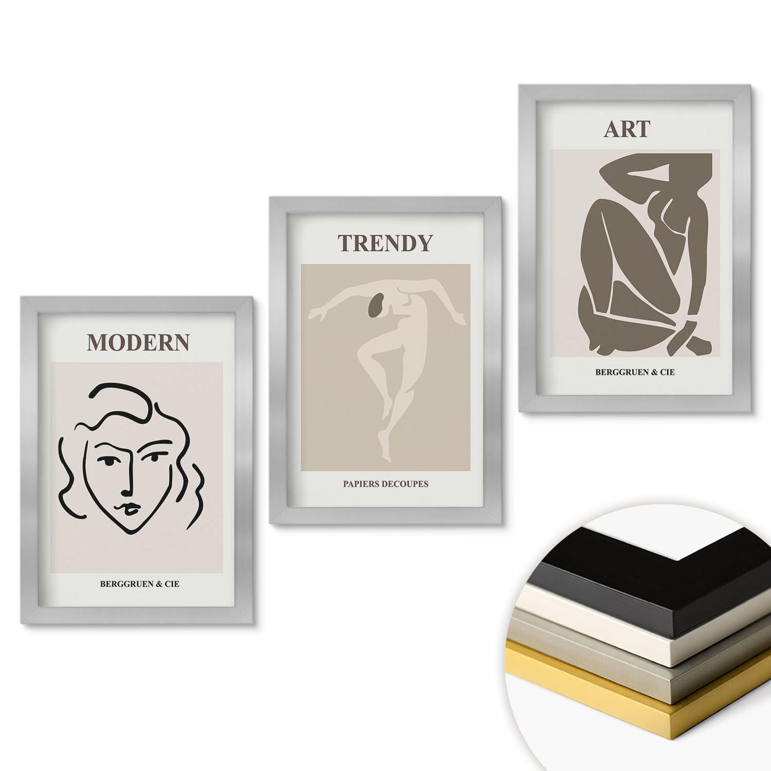 WANDBILDER 3er Set - 20x30 cm Silberner Rahmen - Abstrakte Porträts Farben - Silberfarben, Kunststoff (20/30cm) - ArtPrintCave