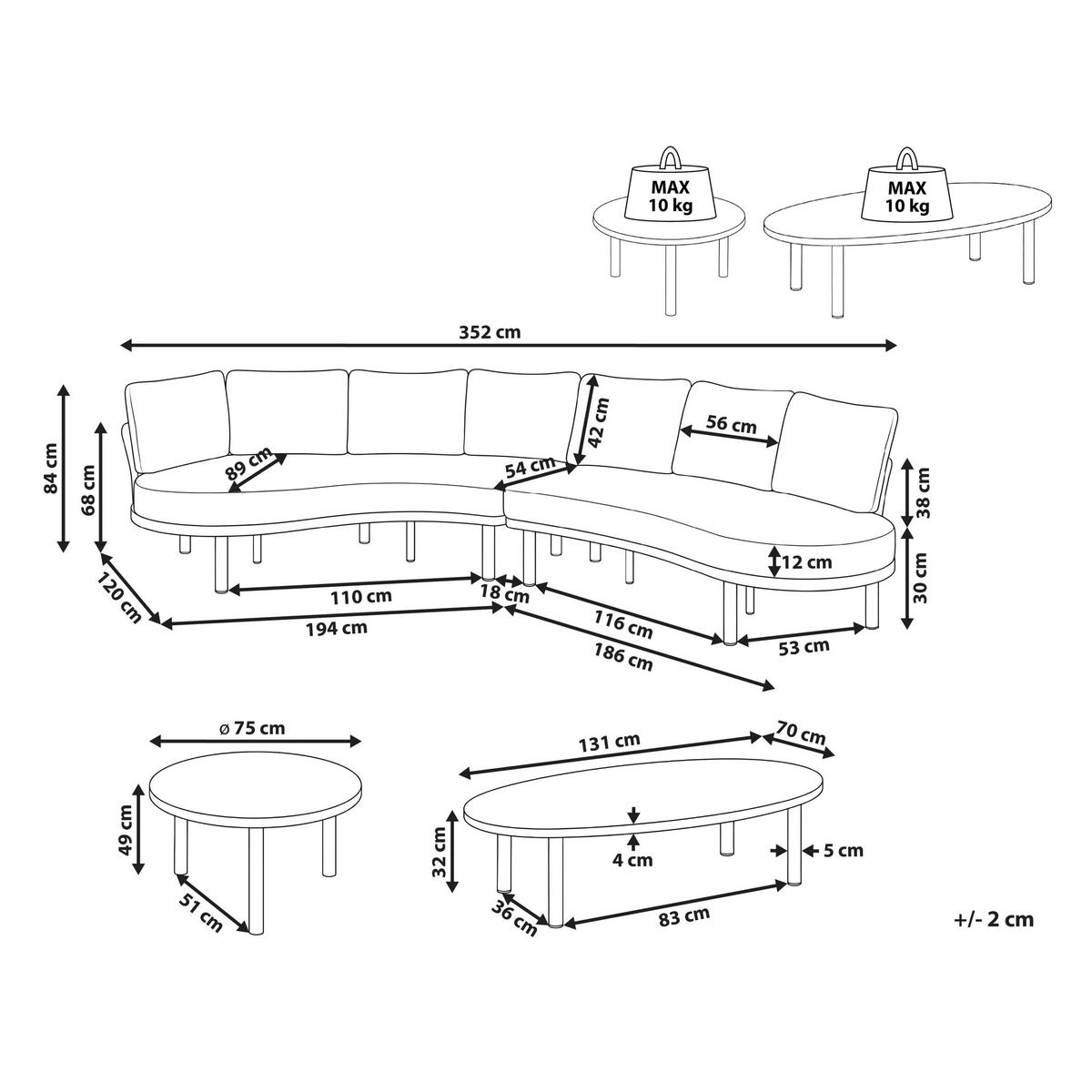 GARTENSOFA 6-Sitzer mit Tischen Metall Hellbeige Oriolo - Beige, Metall (352/84/120cm) - Beliani