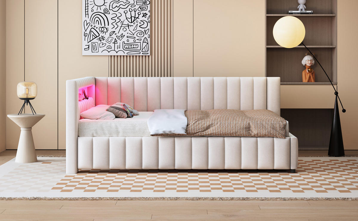 POLSTERBETT 140x200 cm LED USB beige - Beige, Textil (140/200cm) - Fortuna Lai