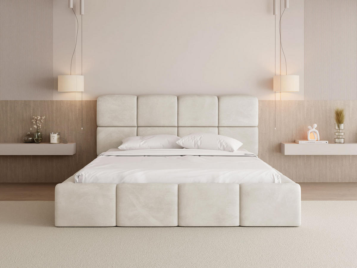 POLSTERBETT Tivio mit Bettkasten, Creme Samt 160x200 cm - Birkefarben/Creme, Holz/Holzwerkstoff (160/200cm) - WFL GROUP