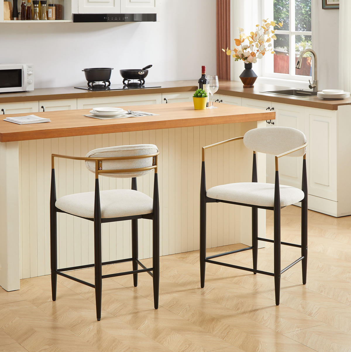 BARHOCKER mit Armlehnen 2er-Set Stoff Beige Schwarz-Gold - Schwarz, Metall (55/94/59cm) - Meubliv