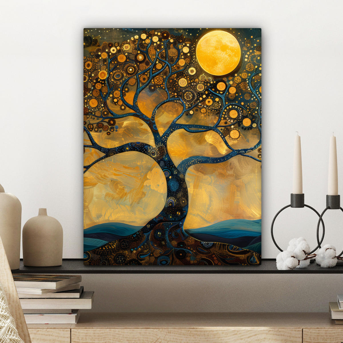 LEINWANDBILD Baum - Mond - Blumen - Gold - Kunst Room Decor 30x40 cm - Orange, Textil (30/40cm) - MuchoWow