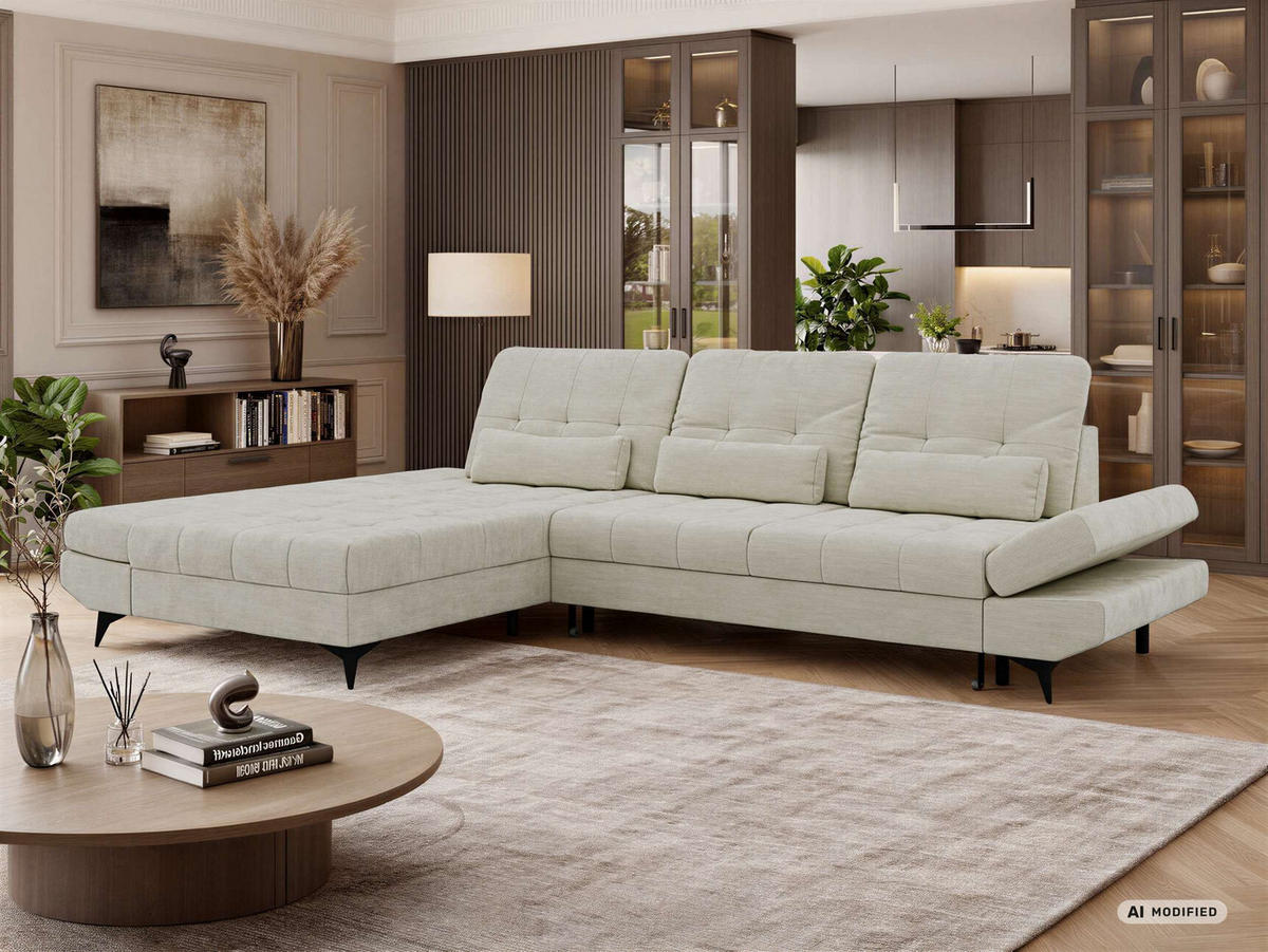 ECKSOFA ALVENO L - Creme Schenille glatt - Links Seite - Creme/Schwarz, Textil/Metall (218/344cm) - MKS