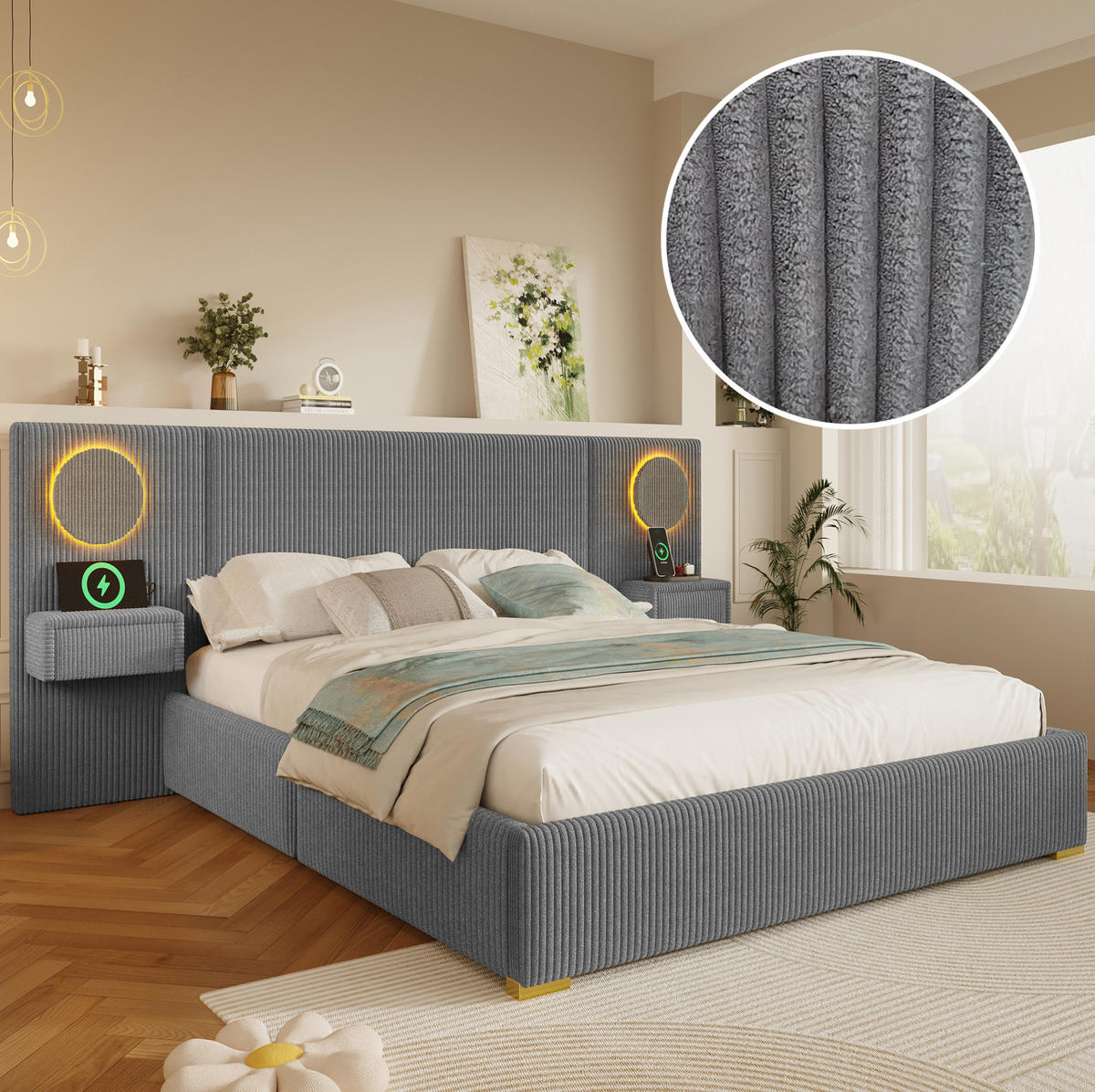SAMETOVÁ čalouněná postel 180/200 cm s LED čelem, USB porty a nočními stolky se zásuvkami, Šedá - šedá, textil (180/200cm) - Redom
