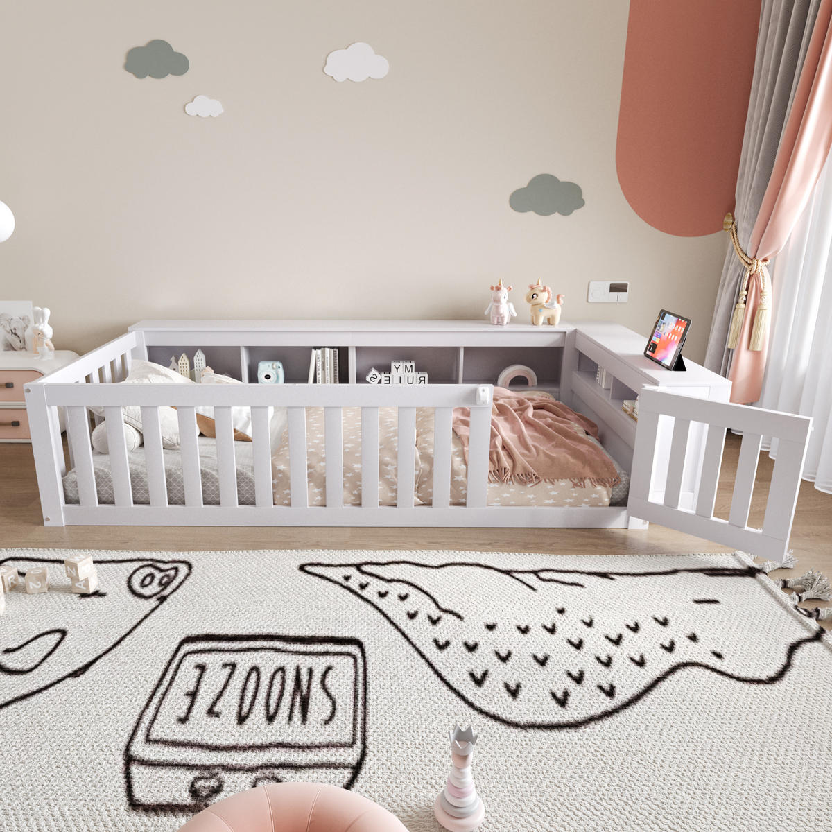 KINDEREINZELBETTEN aus Massivholz 90x200 cm in Weiß mit Stauraum & Sicherheitsgitter - Weiß, Holz (90/200cm) - Modfu