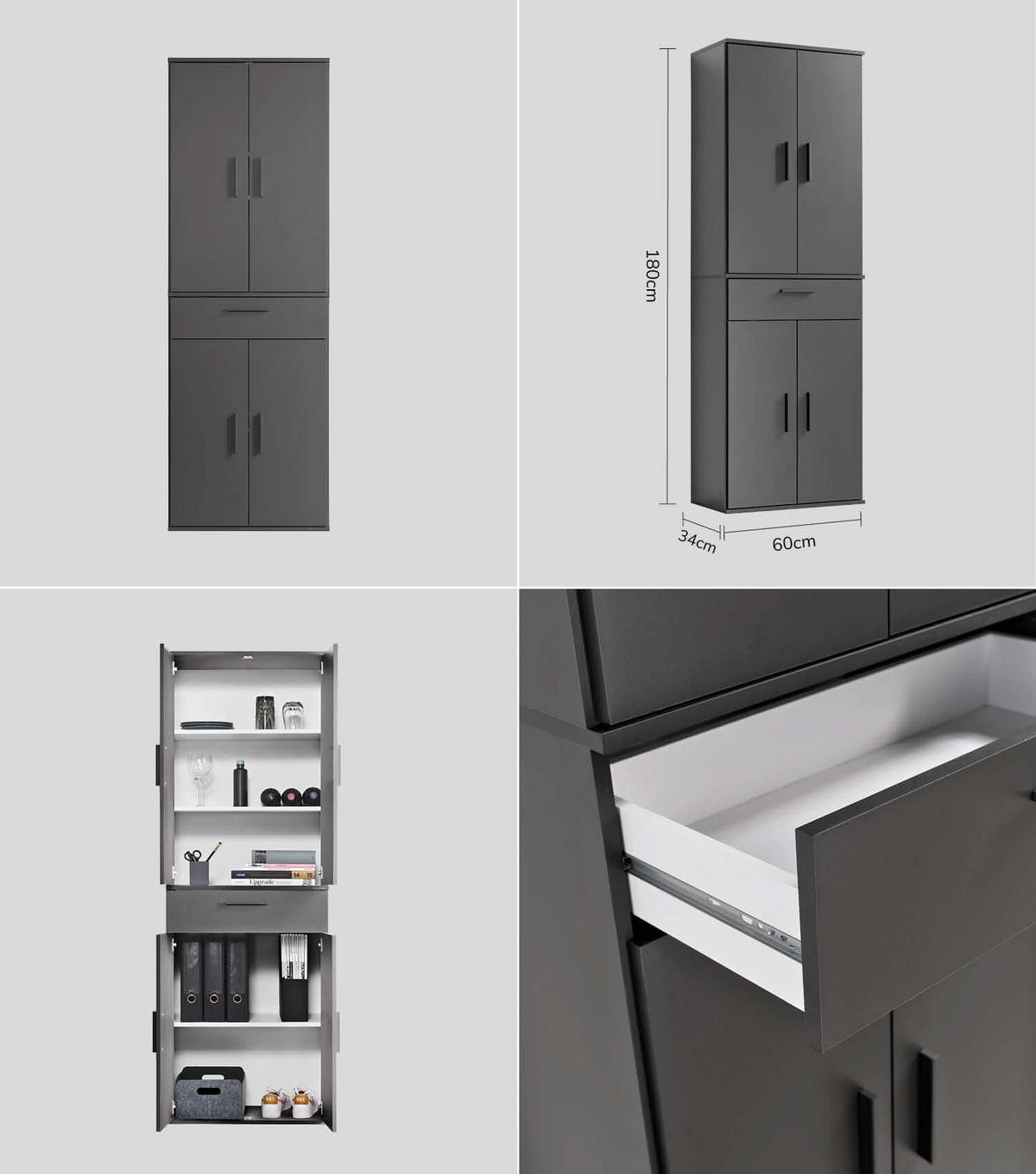 MEHRZWECKSCHRANK SET Der Allzweckwaffe - Anthrazit/Schwarz, Holzwerkstoff (60/180/34cm) - Mokebo
