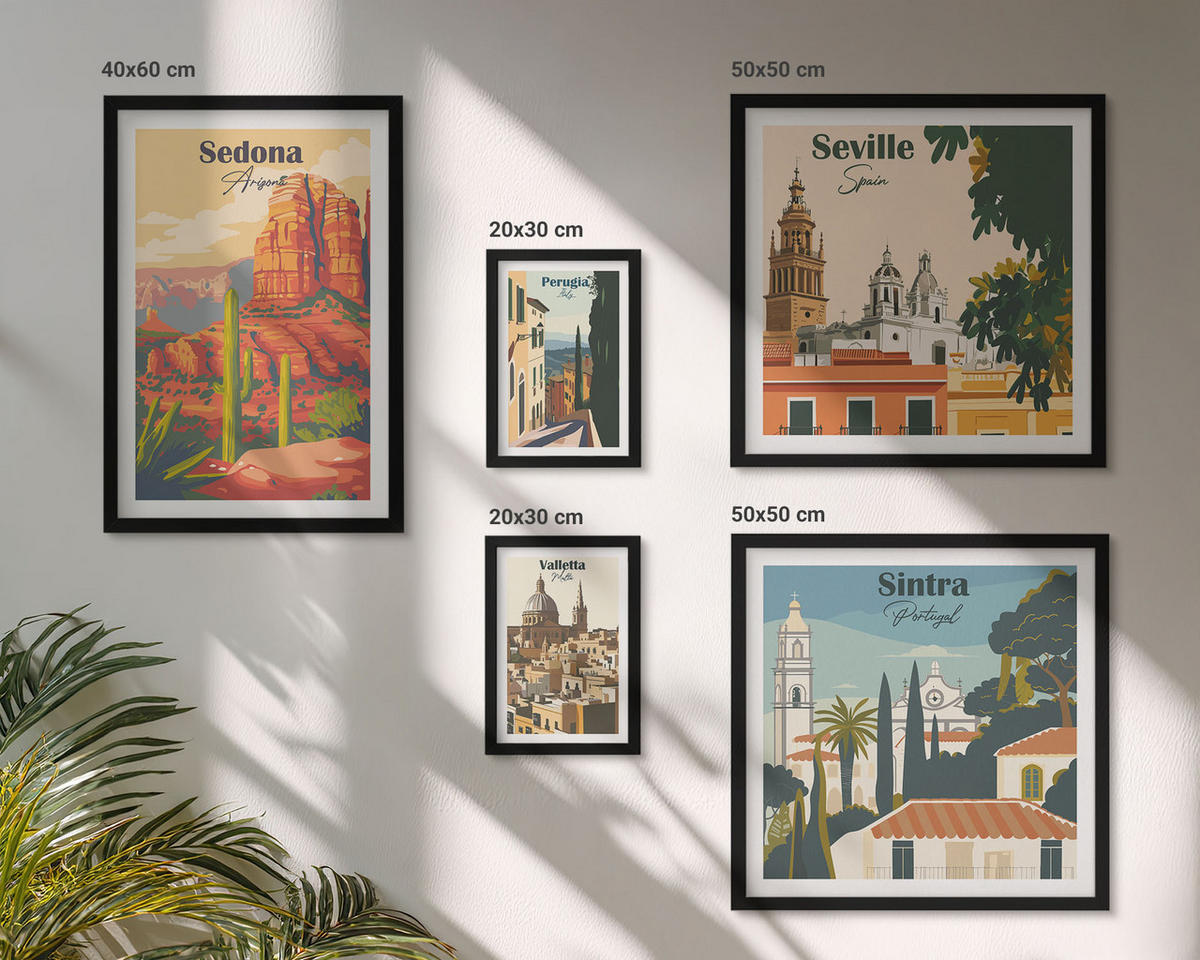 WANDBILDER 5er-Set - 50x50 cm & 20x30 cm & 40x60 cm Schwarzer Rahmen - Illustrationen von Küstenstädten - Schwarz, Kunststoff (40/60cm) - ArtPrintCave