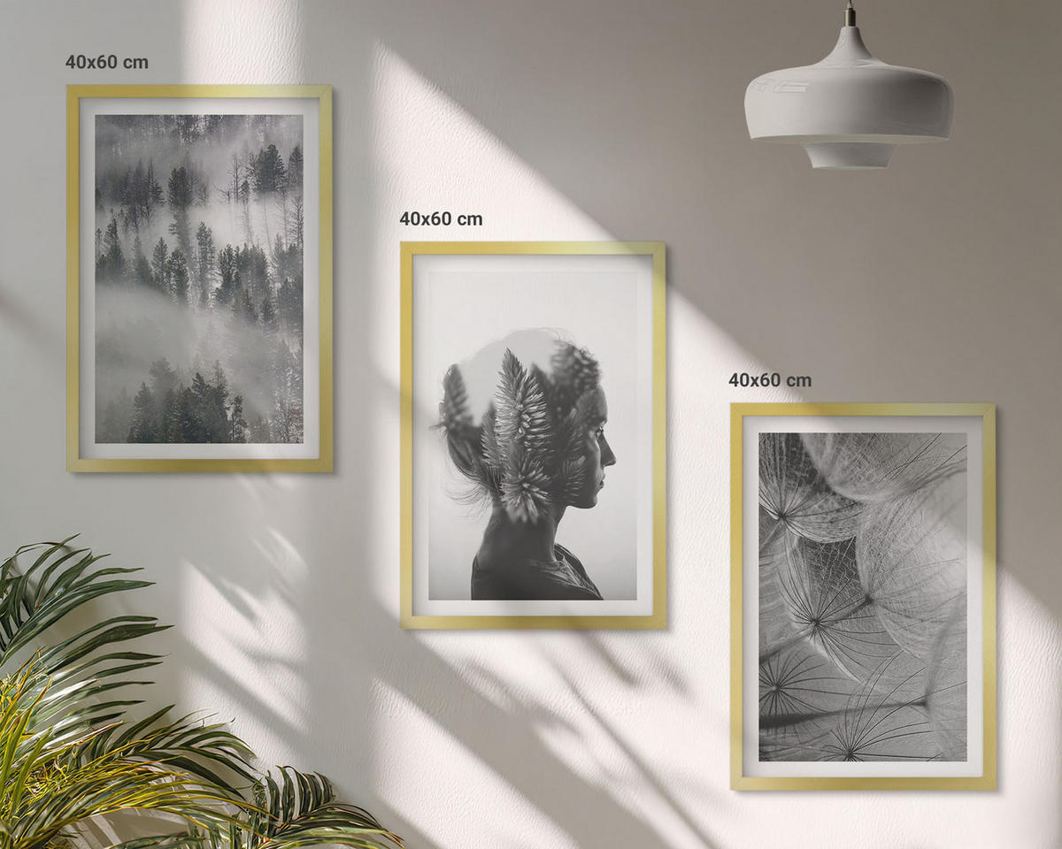 WANDBILDER 3er Set - 40x60 cm Goldrahmen - Waldnebelporträt Baum Löwenzahn - Goldfarben, Kunststoff (40/60cm) - ArtPrintCave