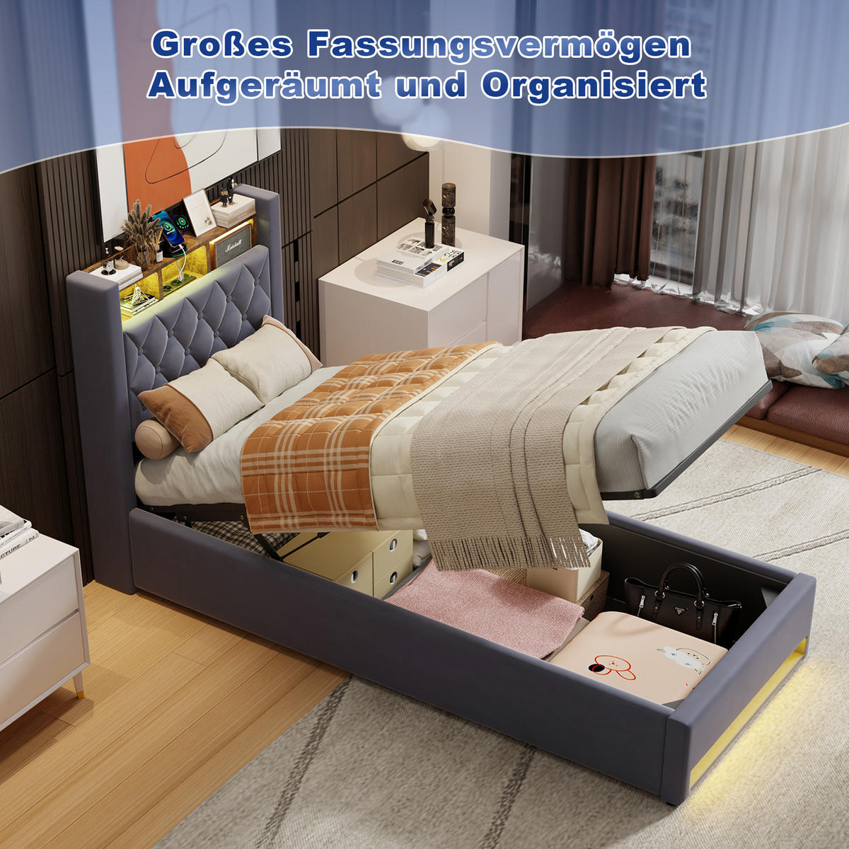 POLSTERBETT 90/190 cm Grau mit LED-Lichtleiste und USB-Anschlüssen - Grau, Holzwerkstoff (90/190cm) - OKWISH