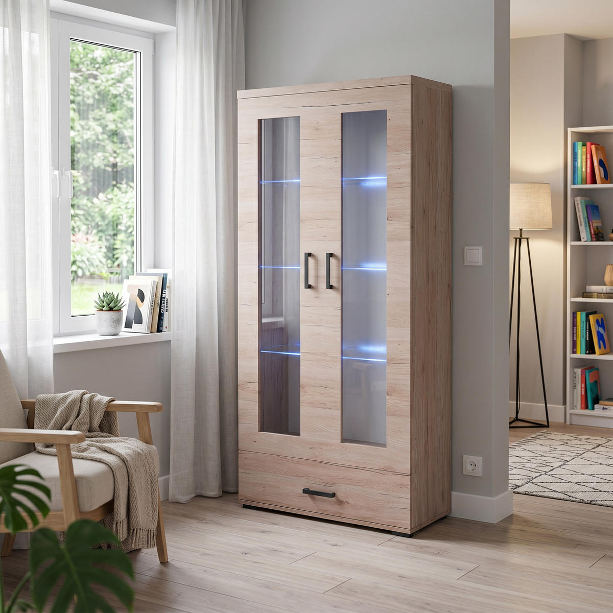 VITRINENSCHRANK LIVORNO 188 x 80 cm Eichefarben - Eichefarben, Holzwerkstoff (80/188/40cm) - MASSENO