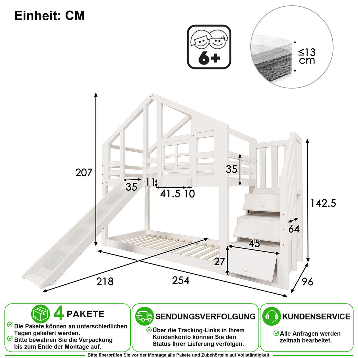 ETAGENBETT 90/200 cm in Weiß mit Rutsche und Treppenschrank - Weiß, Holz/Holzwerkstoff (90/200cm) - CHICFURN