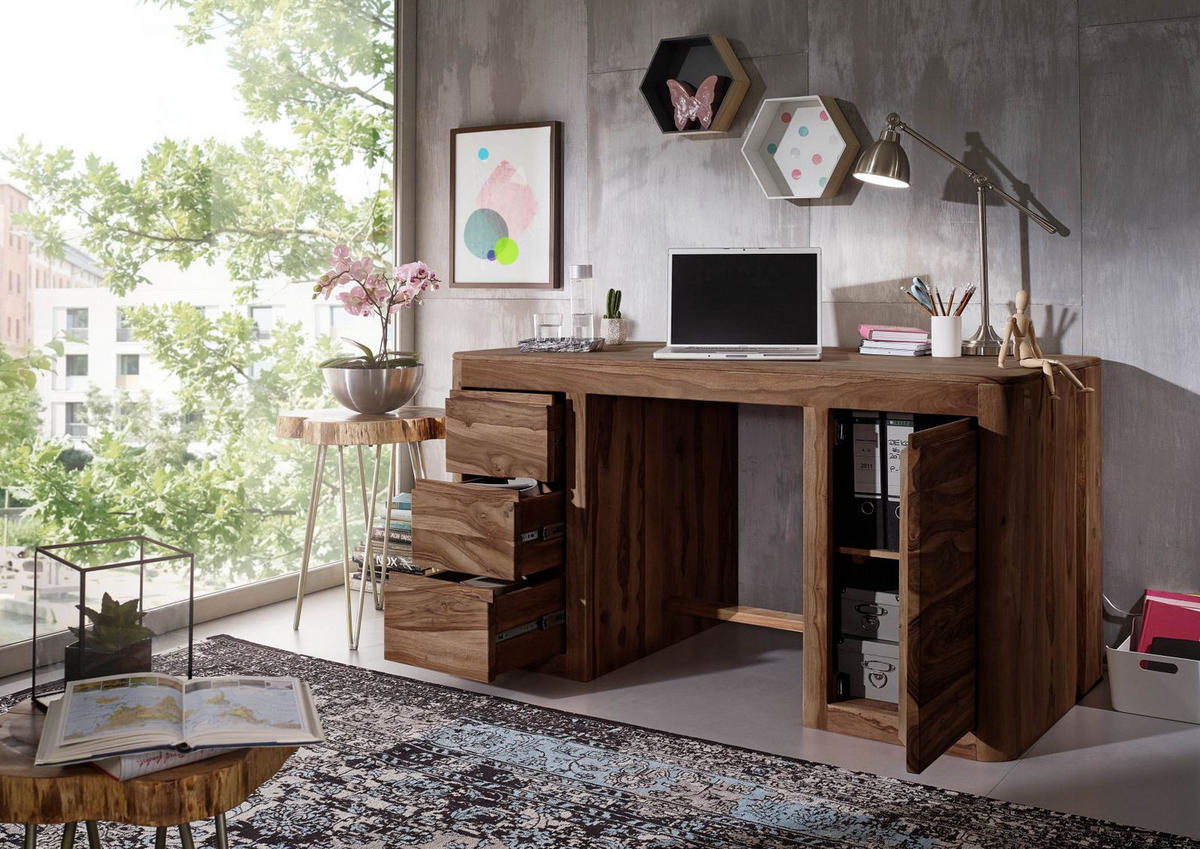 SCHREIBTISCH Sheesham 150x75x78 rot-braun gebeizt TORONTO #148 - Dunkelbraun, Holz (75/150/78cm) - Massivmoebel24