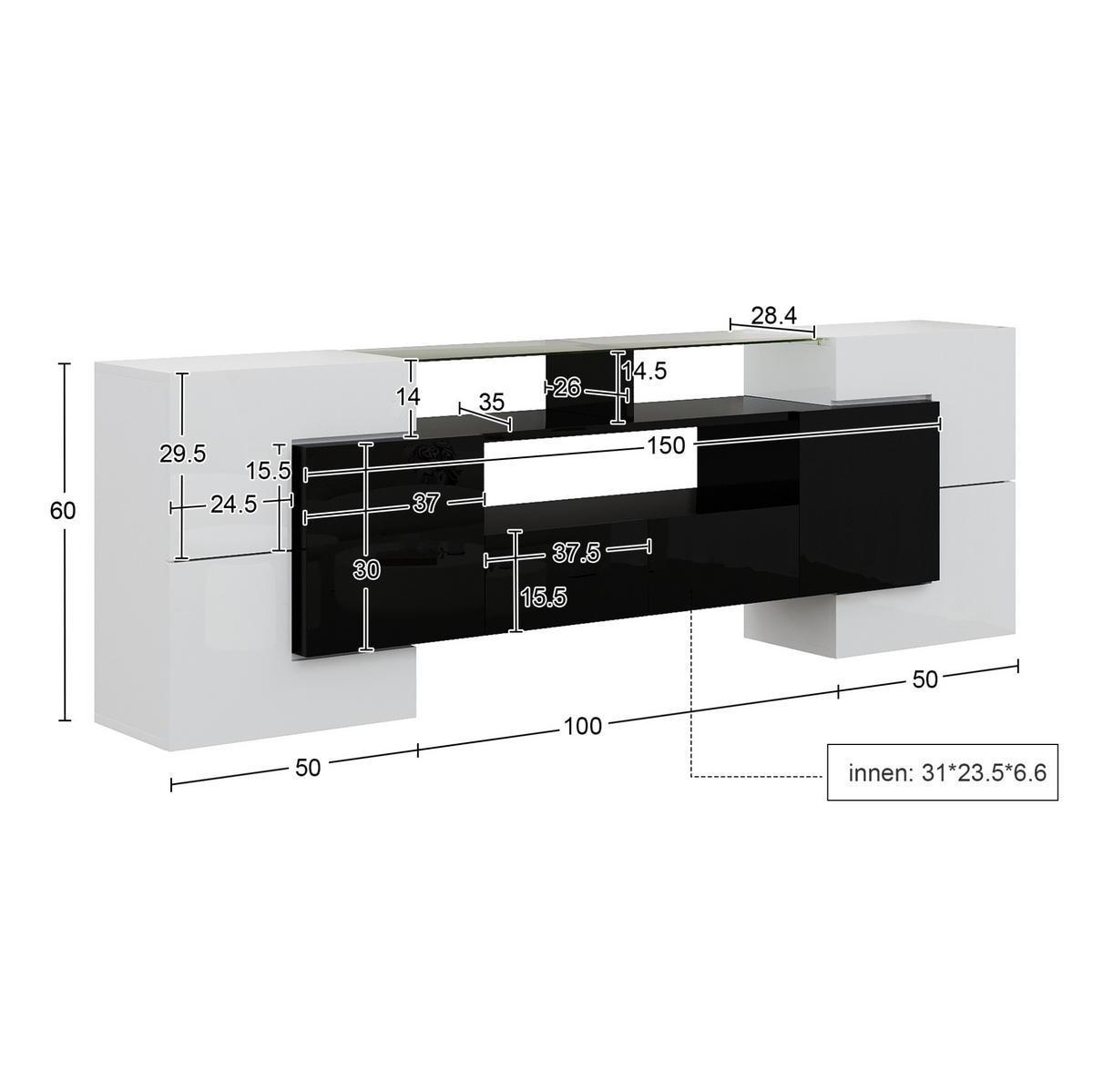 TV-LOWBOARD 200/35/60 cm mit LED-Beleuchtung und 2 Schubladen - Schwarz, Holzwerkstoff (200/60/35cm) - BEAOK