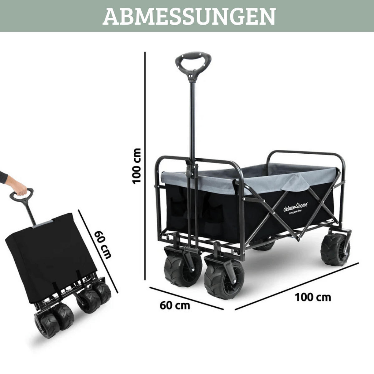 BOLLERWAGEN faltbar CALLI Extra Breite Reifen Schwarz - Schwarz, Metall (100/100/60cm) - DELUKE