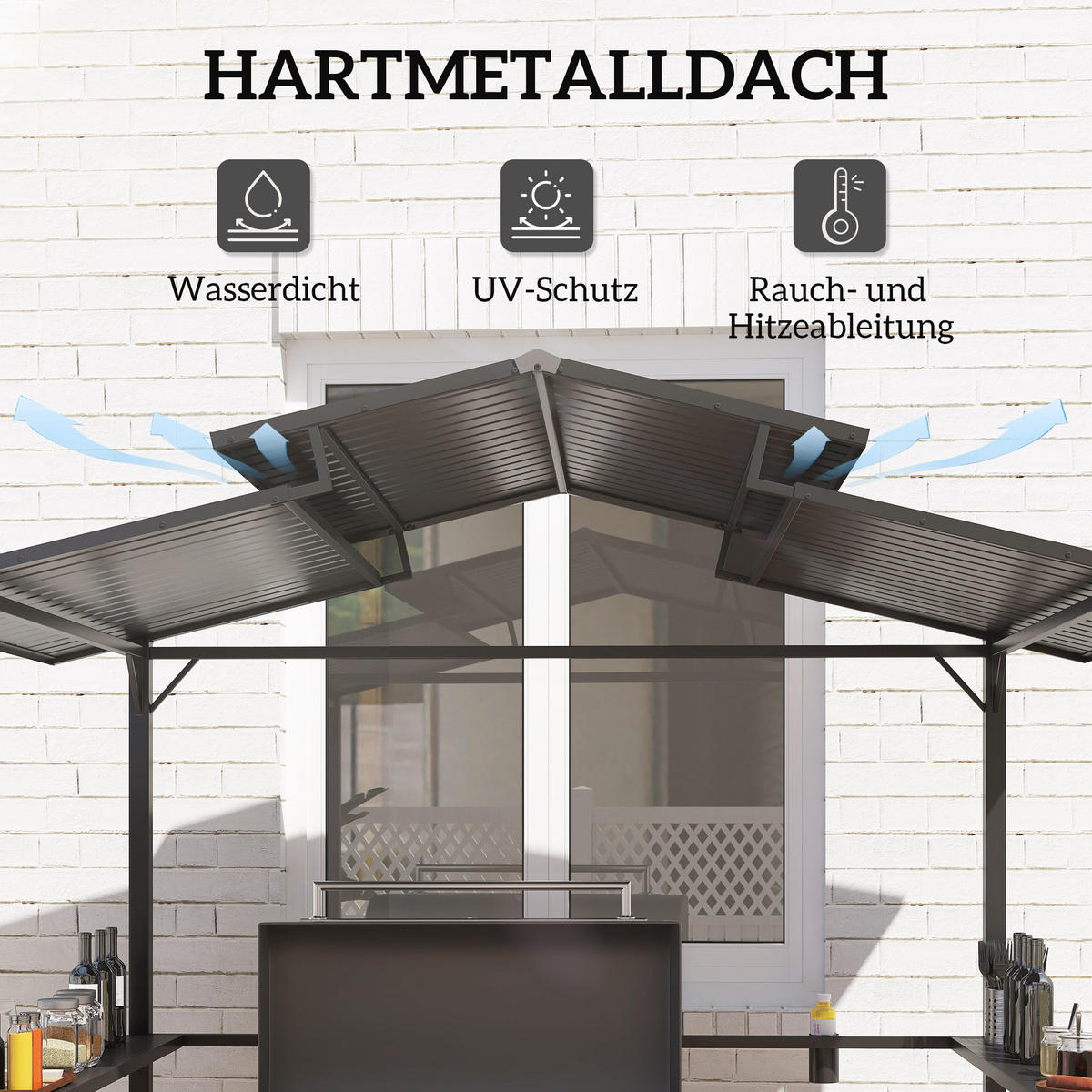 GRILLPAVILLON 250 x 160 x 250 cm wasserdicht Gartenpavillon mit Doppelschichtdach, Seitenregalen Schwarz - Schwarz, Metall (250/250/160cm)
