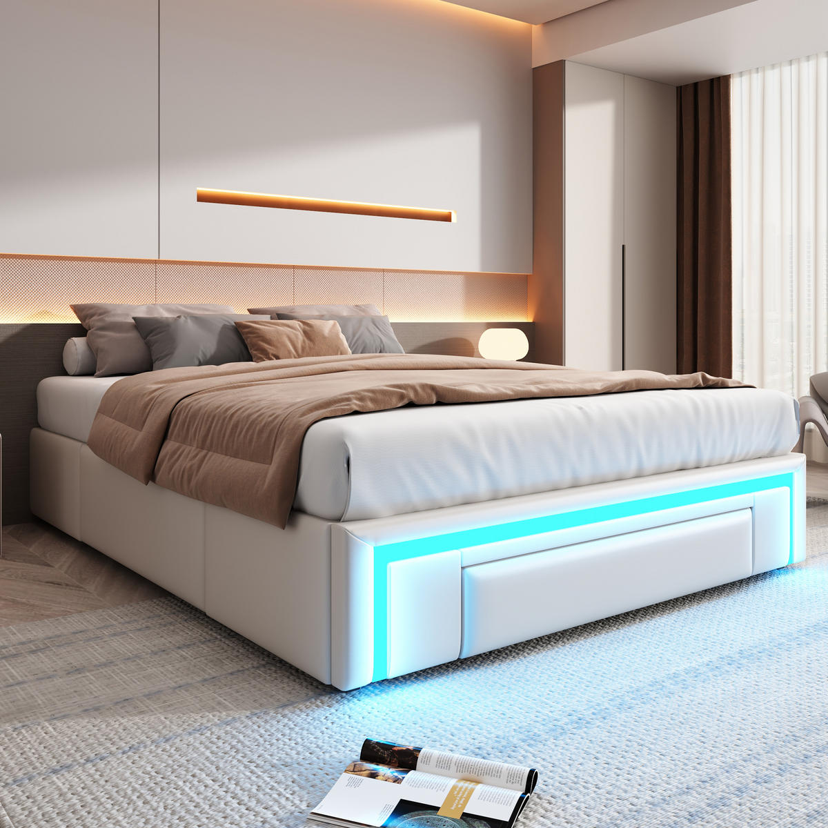 BETTGESTELL 140/200 cm beige mit Schubladen und LED-Beleuchtung - Beige, Kunststoff (140/200cm) - OKWISH