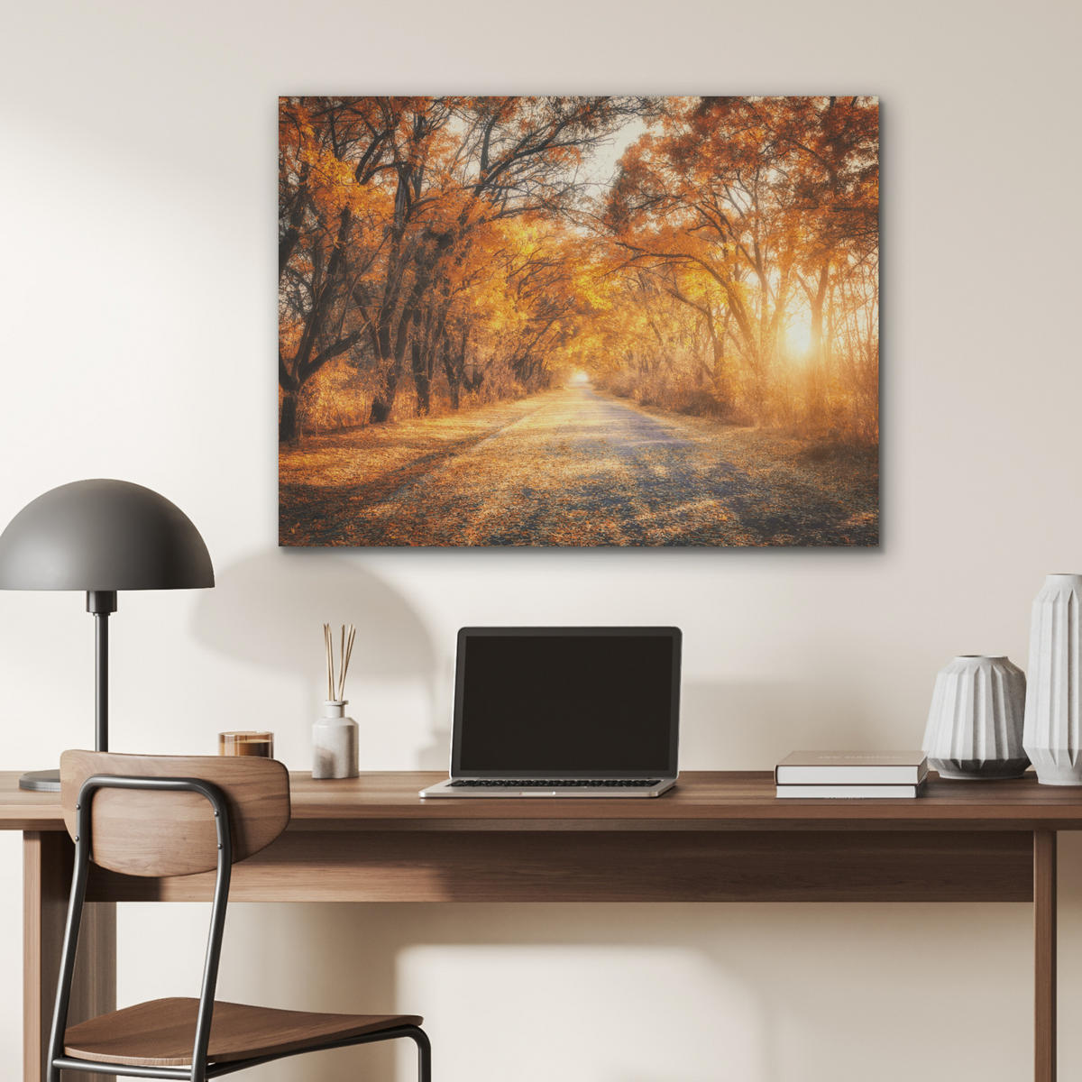AKUSTIKPANEEL Wald - Herbst - Bäume - Waldweg - Natur 80x60 cm - Bernsteinfarben, Textil (80/0.9/60cm) - MuchoWow