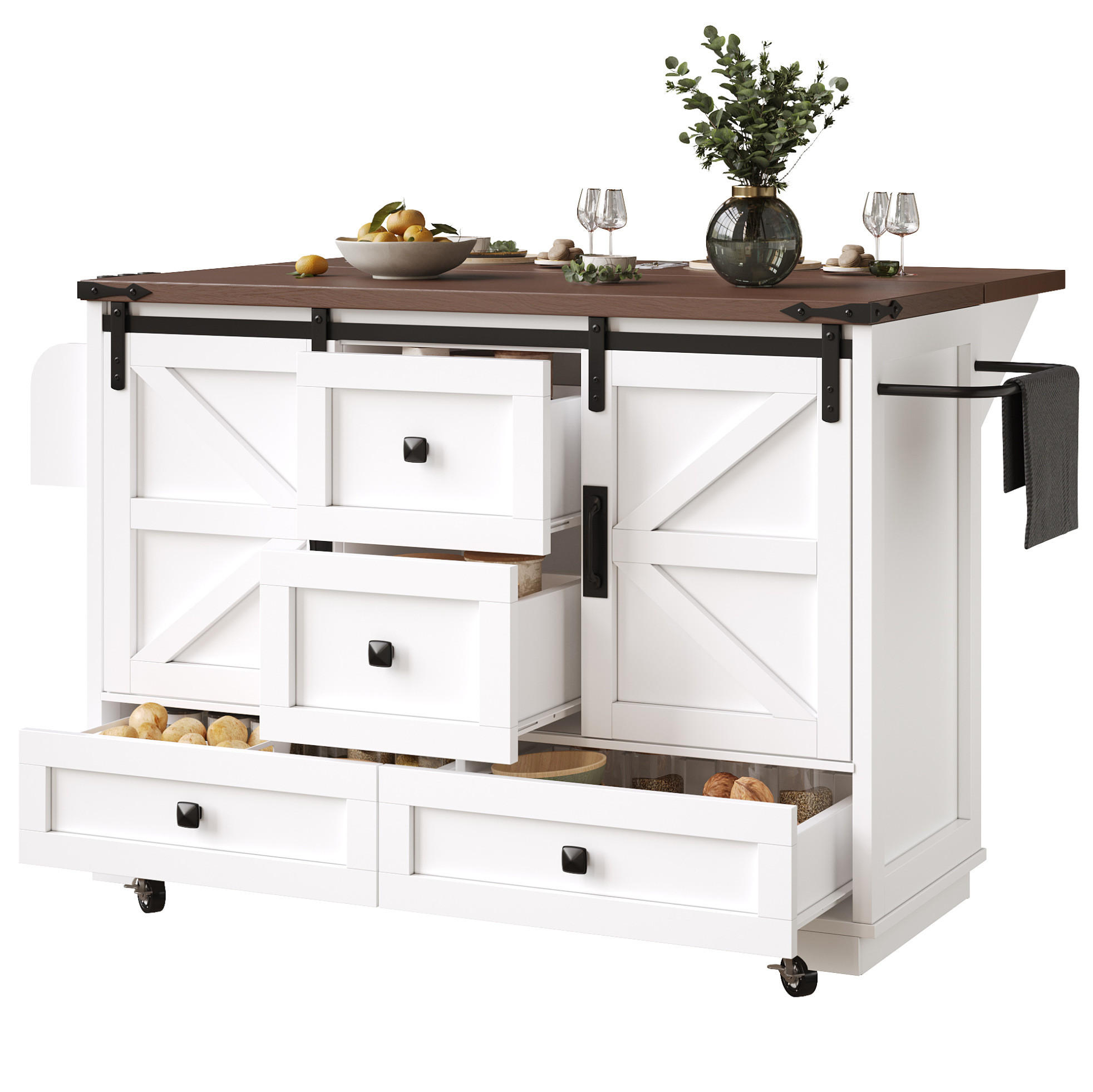 KÜCHENINSEL 142,5/45-73/92,5 cm mit Klapptisch, Schiebetüren im BarnDoor-Design und Stauraum, Weiß, MDF/Metall - Weiß, Holzwerkstoff (142.5/92.5/45cm) - Redom