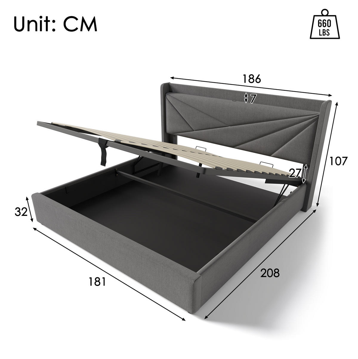 POLSTERBETT mit Bettkasten USB/Typ-C 180x200 cm Grau - Grau, Metall (180/200cm) - Meubliv