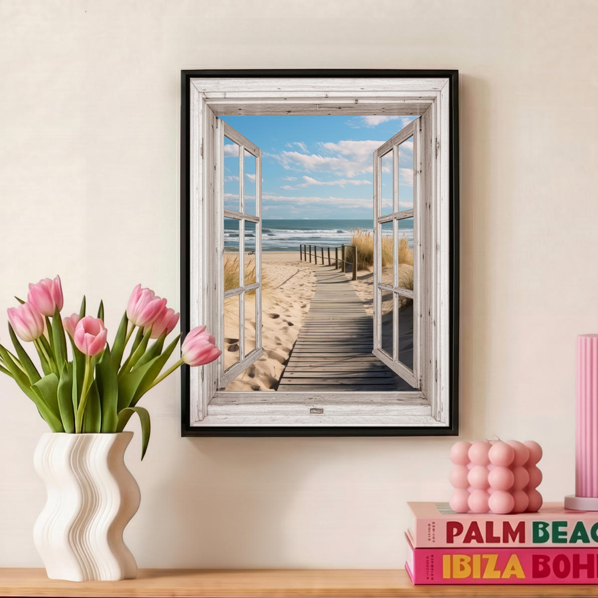LEINWAND Bilder mit Rahmen - Fenster - Meer - Küste - Natur - Ausblick - Strand - Wattenmeer - 30x40 - Beige, Textil (30/40cm) - MuchoWow