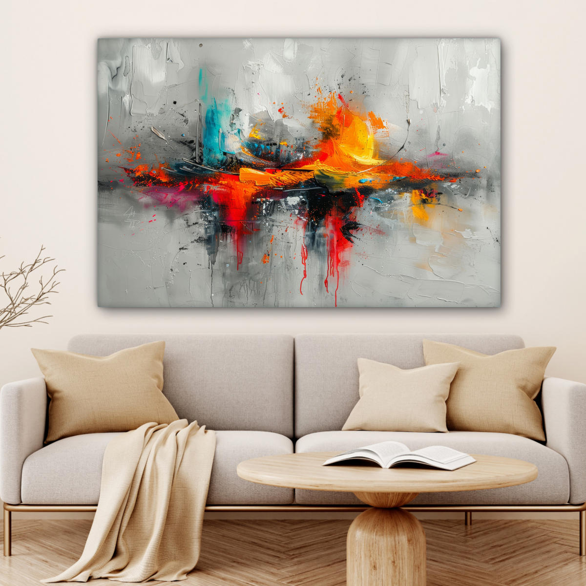 LEINWANDBILD Moderne Kunst - Orange - Grau - Abstrakt Wohnzimmer 120x80 cm - Hellgrau, Textil (120/80cm) - MuchoWow