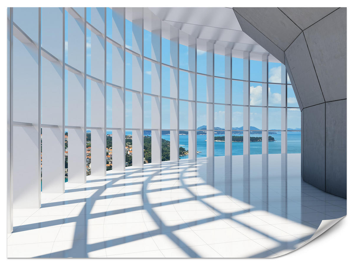 FOTOTAPETE für Wohnzimmer Räumlicher Tunnel mit Meerblick 500x350 - Blau/Beige, Papier (500/350cm) - Muralo