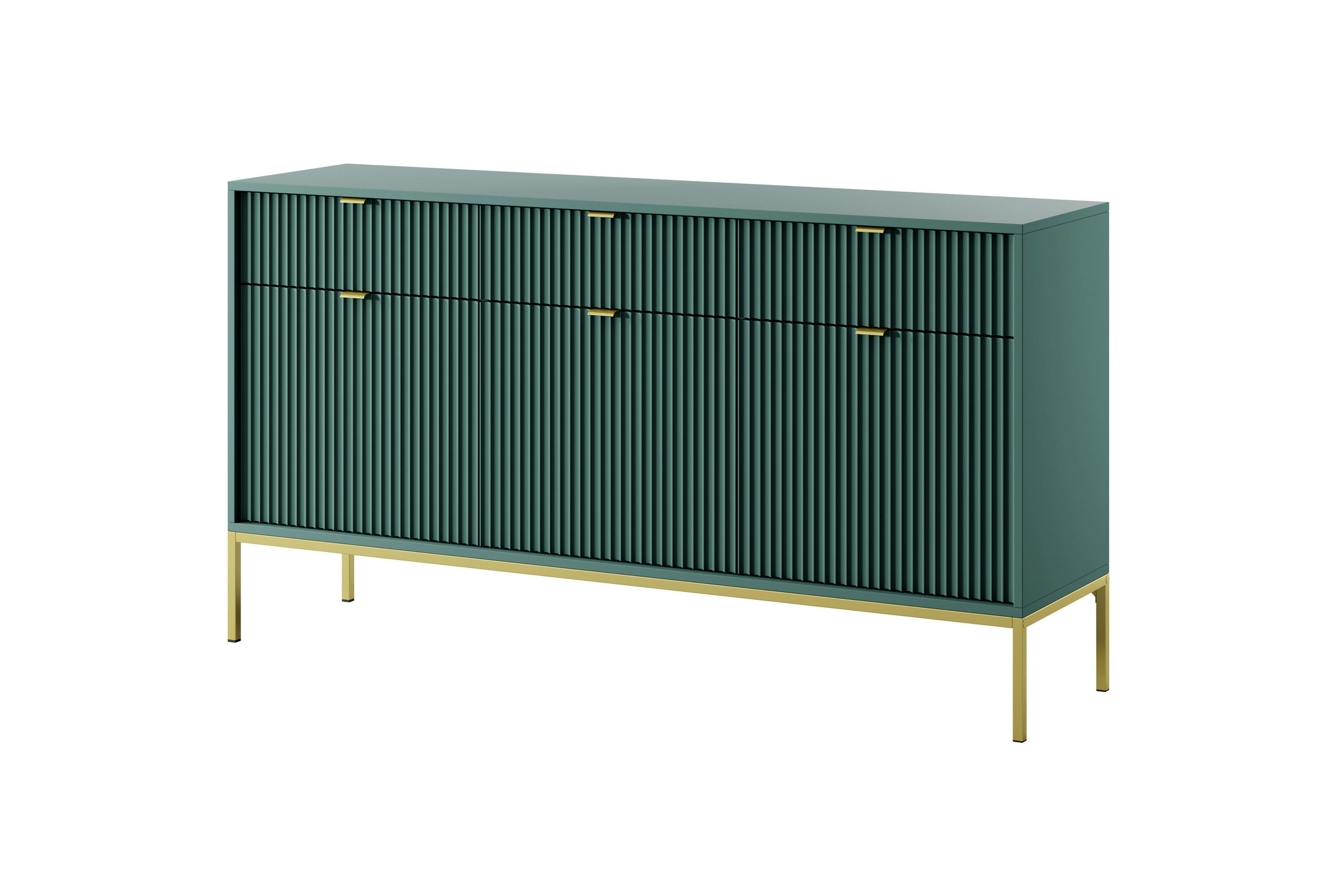 KOMMODE NOVA - KSZ154, Geriffelte Fronten, goldene Griffe 154x39x83 cm Lablador - Türkis/Goldfarben, Holzwerkstoff/Kunststoff (154/83/39cm) - DomoHome