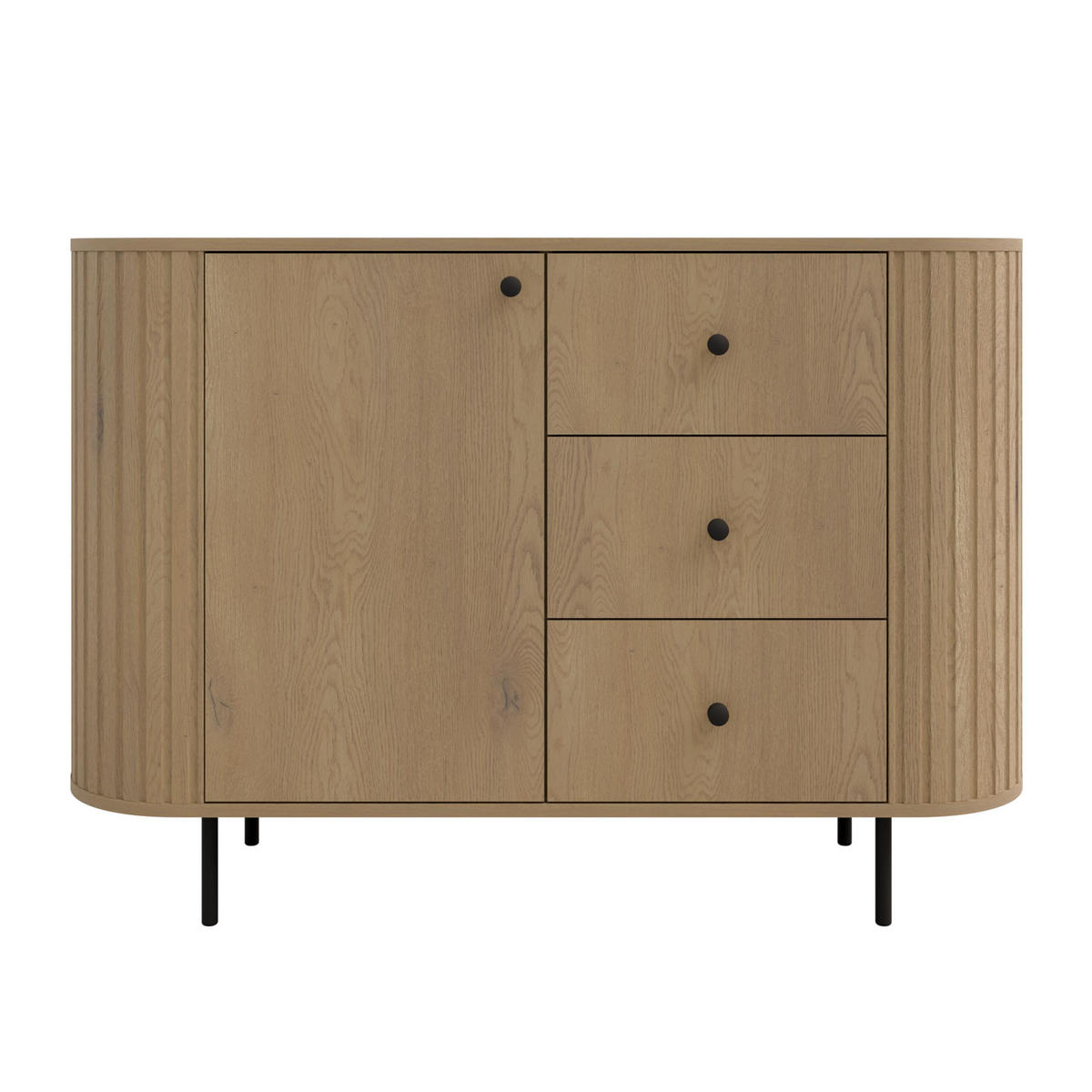 SIDEBOARD Halay Eiche Cremona, 1 Tür & 3 Schubladen Moderne Rillenstruktur 123 cm - Eichefarben/Schwarz, Holzwerkstoff/Metall (123/85.4/42.3cm) - AX Living