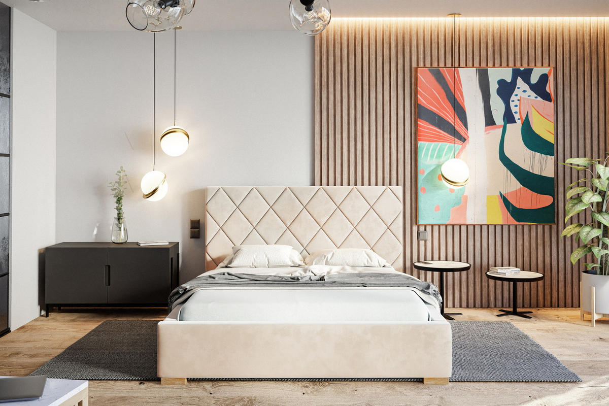 POLSTERBETT 140x200 Aron, Lattenrost, Samtstoff Beige - Beige, Holz/Textil (140/200cm) - Emporius