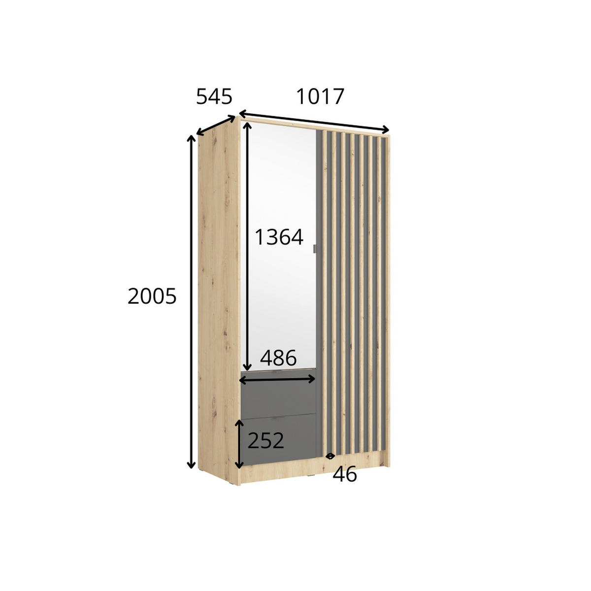 KLEIDERSCHRANK Onyx Schwarz 102/201/55 - Schwarz, Holzwerkstoff (102/201/55cm) - RAUMHIRSCH FURNITURE