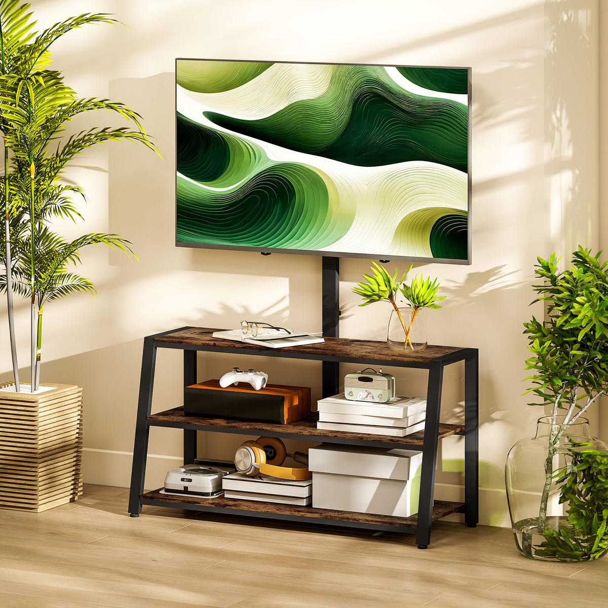 TV-SCHRANK Braun/Schwarz 108/41/135 cm, Mit TV-Halterung, Schwenkbar, Offene Fächer - Braun, Holzwerkstoff (108/135/41cm) - PANGIVO