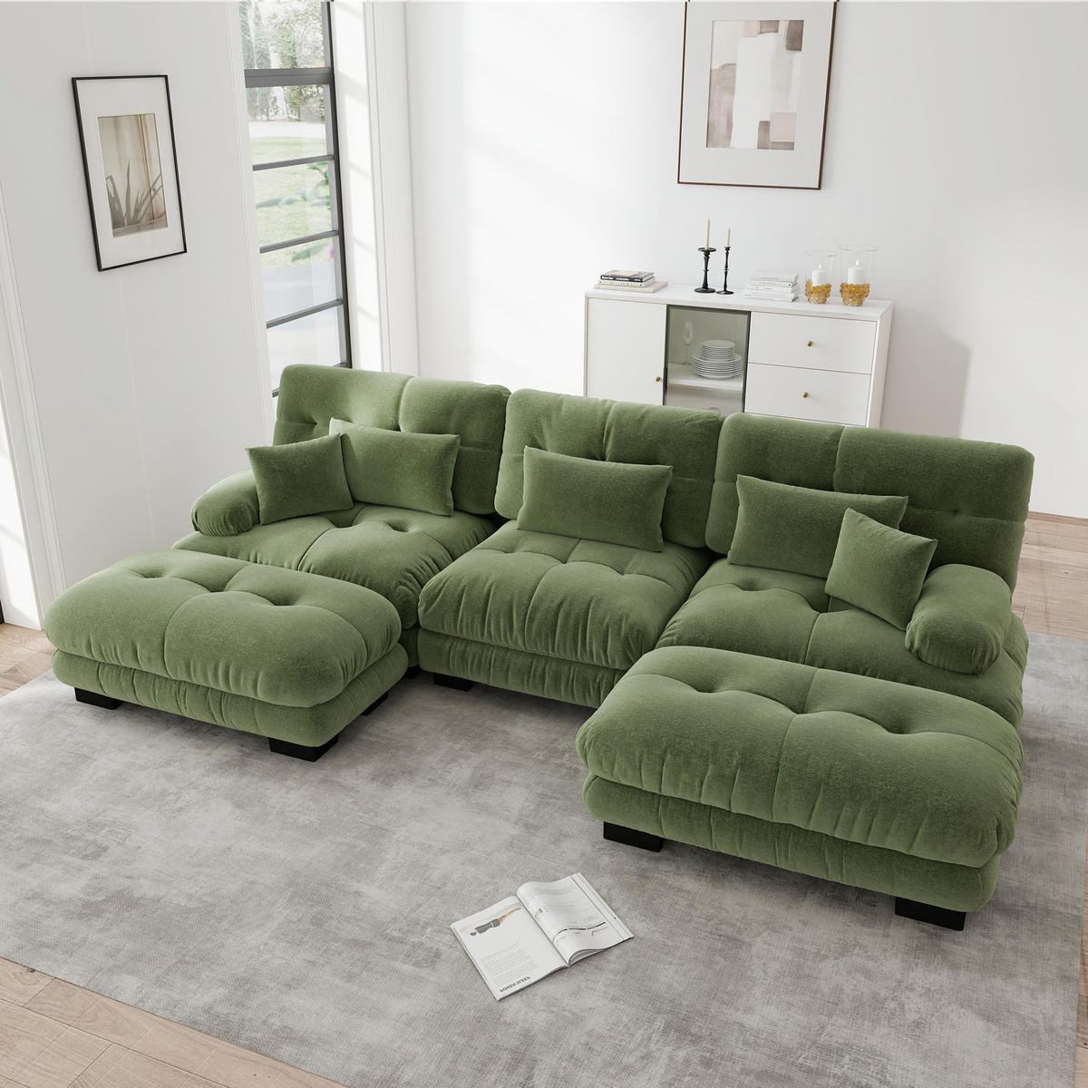WOHNLANDSCHAFT Chenille Grün mit Ottomane - Grün, Textil (313/81/145cm) - WISHDOR