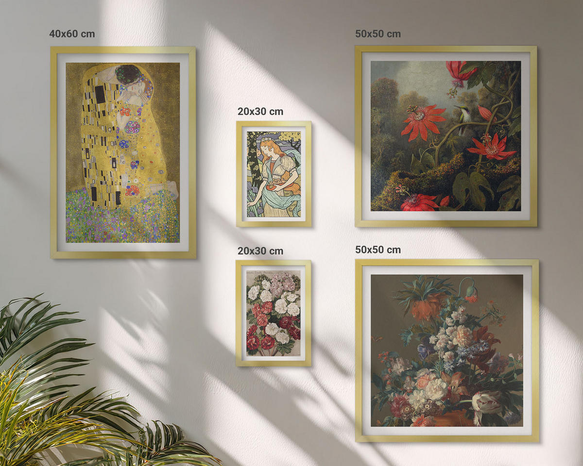 BILDER SET 5er Set - 50x50 cm & 20x30 cm & 40x60 cm Goldrahmen - Blumen des Baumes (Gemälde von Klimt) - Goldfarben, Kunststoff (40/60cm) - TULUP