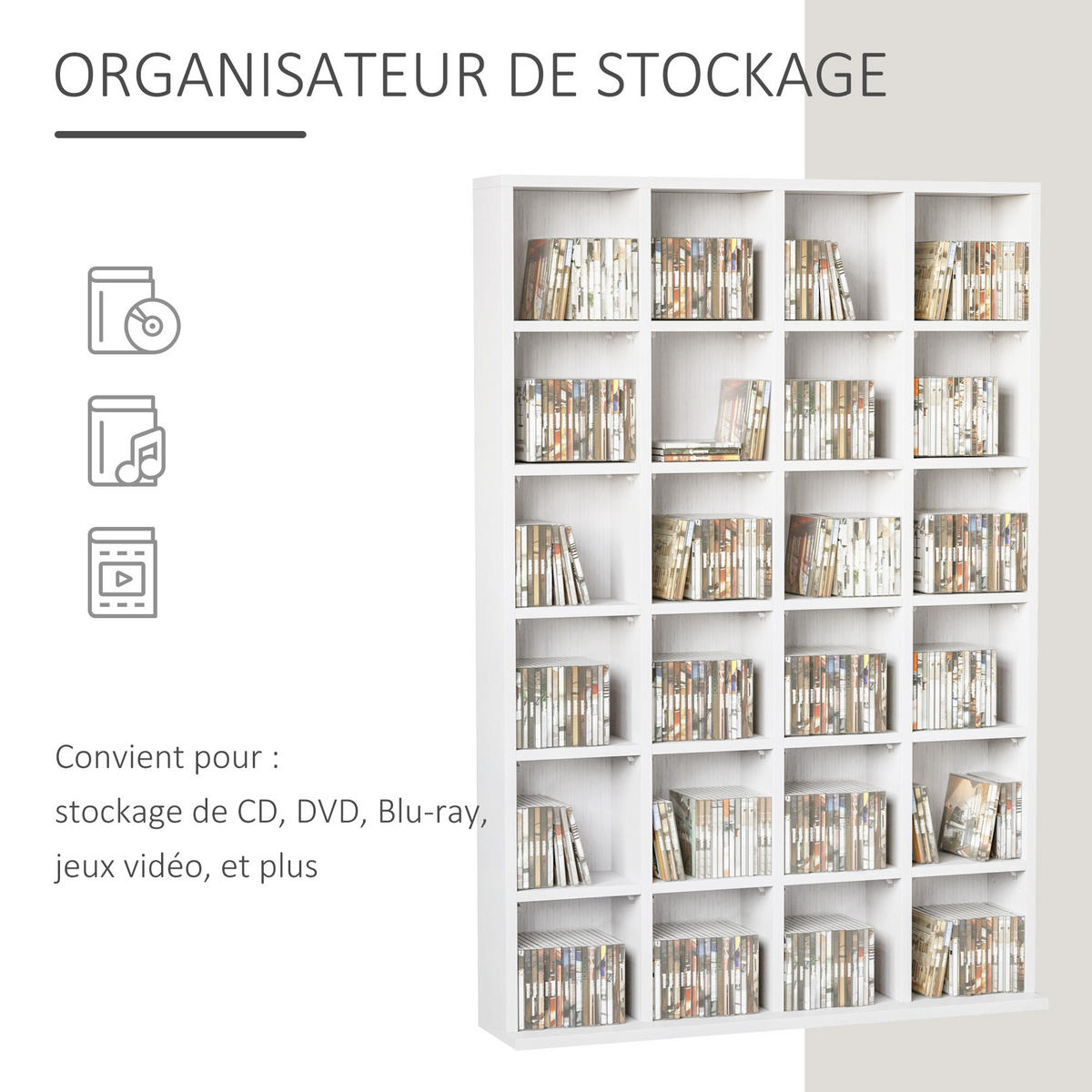 CD-REGAL DE-14420 für 456 CDs/336 DVDs, verstellbare Böden Weiß - Weiß, Holzwerkstoff (20/130.5/89cm) - ComfortXL