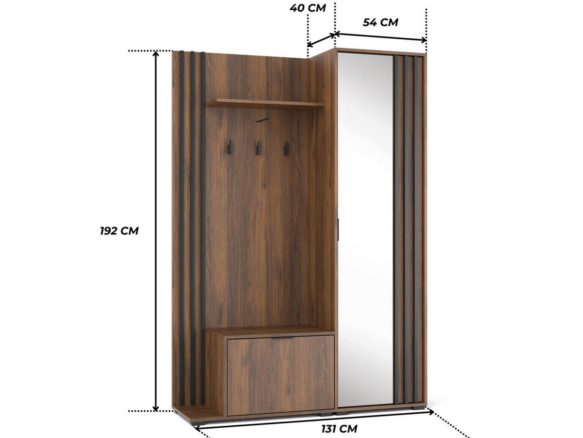 GARDEROBE STILO 131 cm (Nussbaum, Schwarze Lamellen, Spiegel, Metallgriffe) - Walnussfarben/Schwarz, Holz/Holzwerkstoff (131/192/40cm) - Ravio