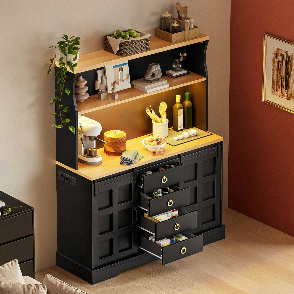 BUFFET 150 cm MDF Schwarz Scheunenstil mit RGB-LED und Weinregal - Schwarz, Holzwerkstoff (40/150/120cm) - Korfee