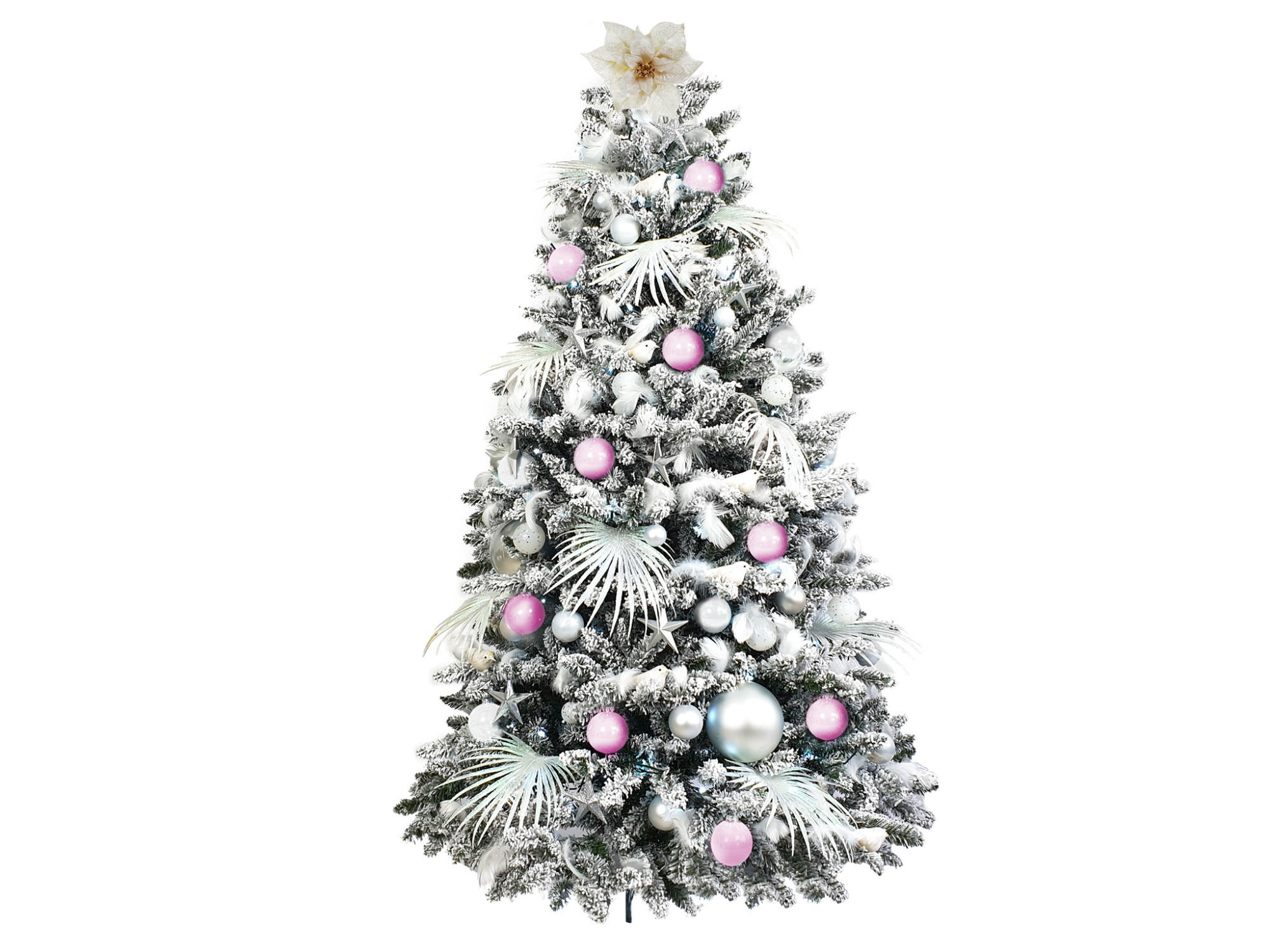 WEIHNACHTSBAUM geschmückt künstlich mit 222 Stk Kugeln POLAR PINK 300 cm mit Metallständer - Silberfarben/Weiß, Kunststoff (300cm) - LAALU