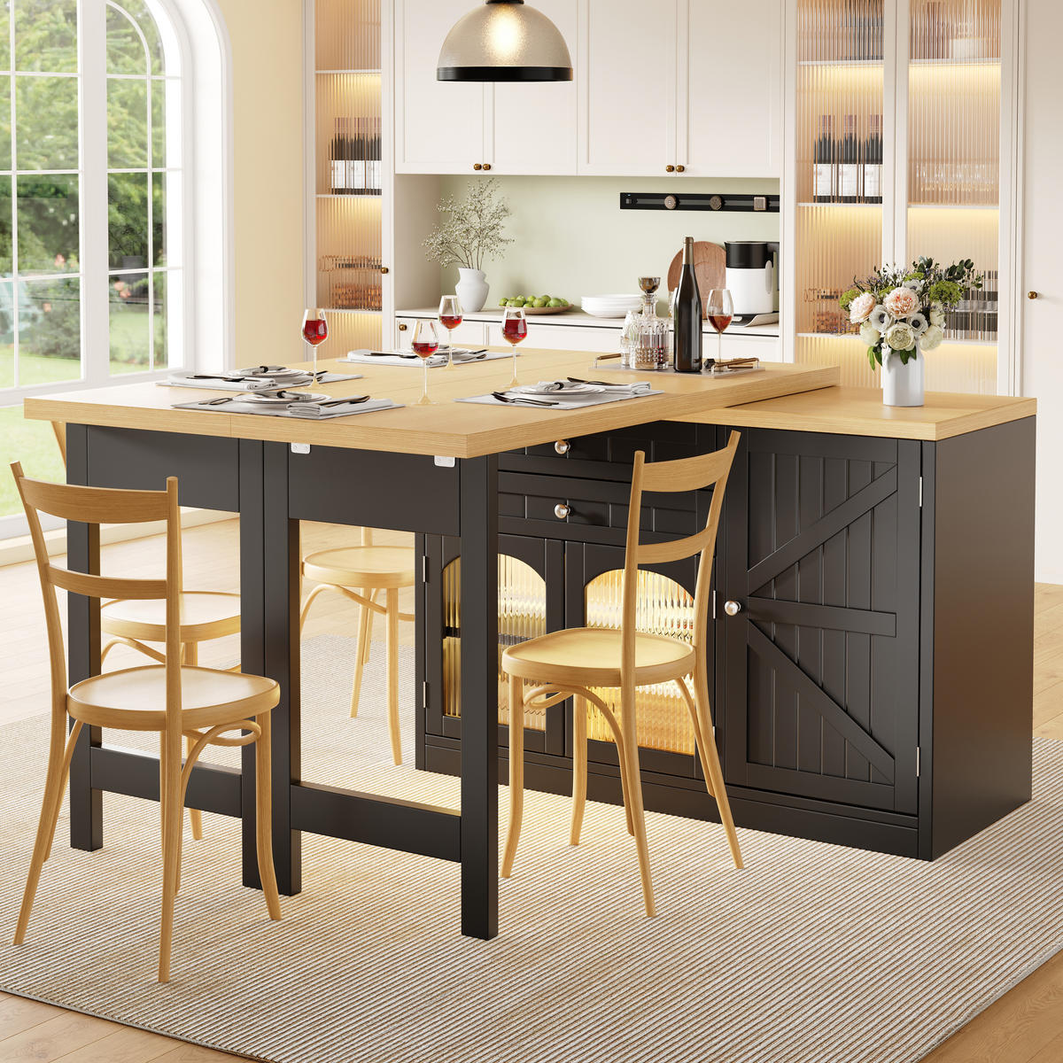 KÜCHENINSEL Ausziehbar 120 194cm 360° Drehbar Glastüren Schwarz - Schwarz, Metall (120/73.5/40cm) - FLIEKS