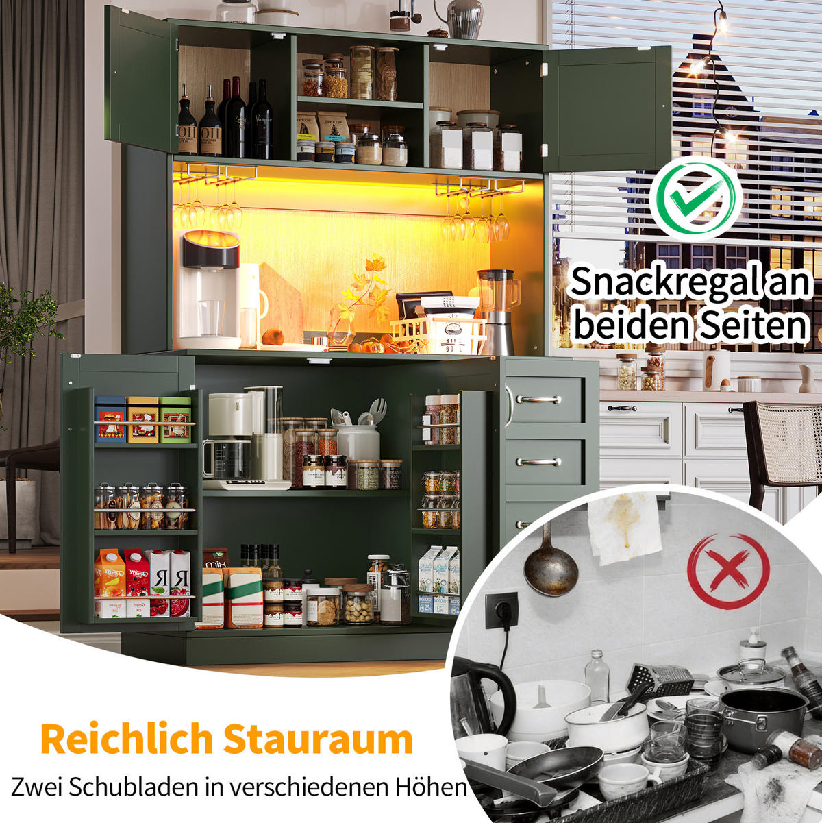 BUFFETSCHRANK 120/40/188 cm mit LED-Beleuchtung, 4 Türen, 2 Schubladen und Getränkehaltern, Grün - Grün, Holzwerkstoff (120/188/40cm) - Redom
