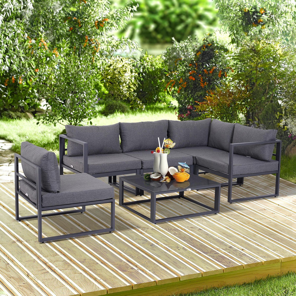 GARTENMÖBEL Set, Alu, Polyester, Grau - Grau, Glas/Kunststoff - Outsunny