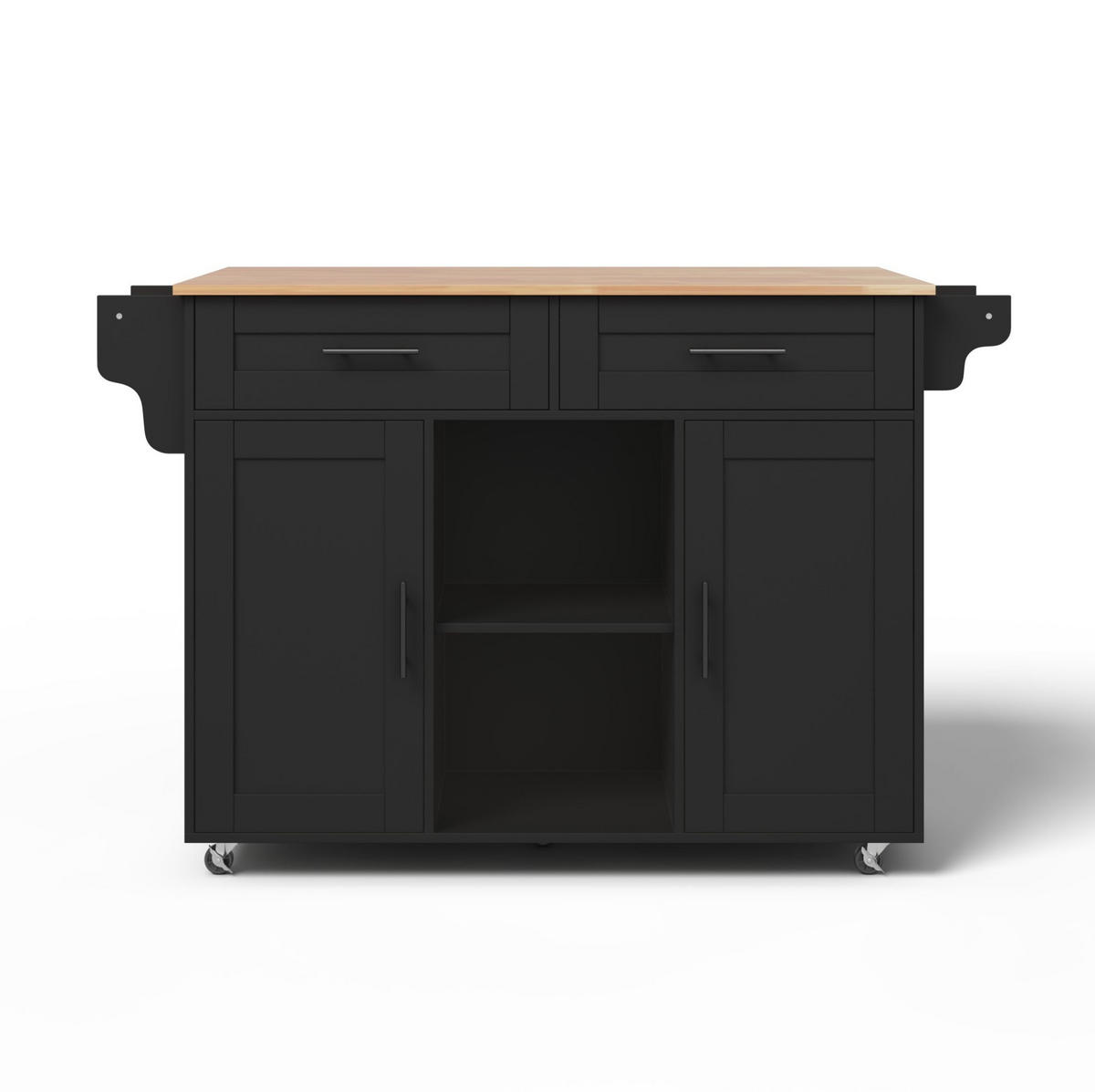 KÜCHENINSEL aus MDF 145x70x94,5 cm Schwarz mit ausziehbarer Arbeitsplatte, 5 Rollen und verstellbaren Regalfächern - Schwarz, Holzwerkstoff (145/94.5/70cm) - Modfu