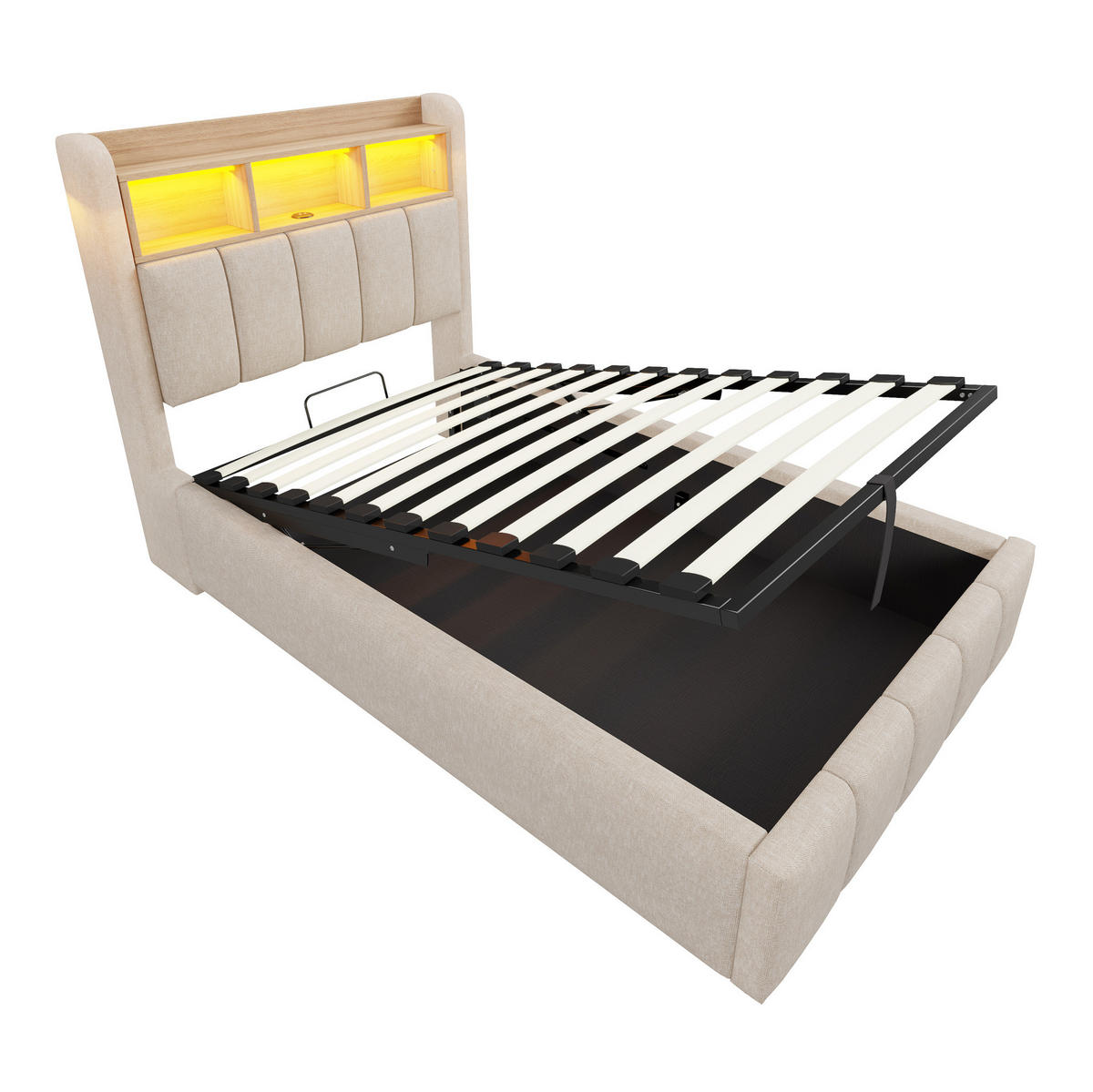POLSTERBETT aus Leinenstoff 90x200 cm Beige mit LED-Beleuchtung, USB-C-Anschluss und hydraulischem Bettkasten - Beige, Textil (90/200cm) - Modfu