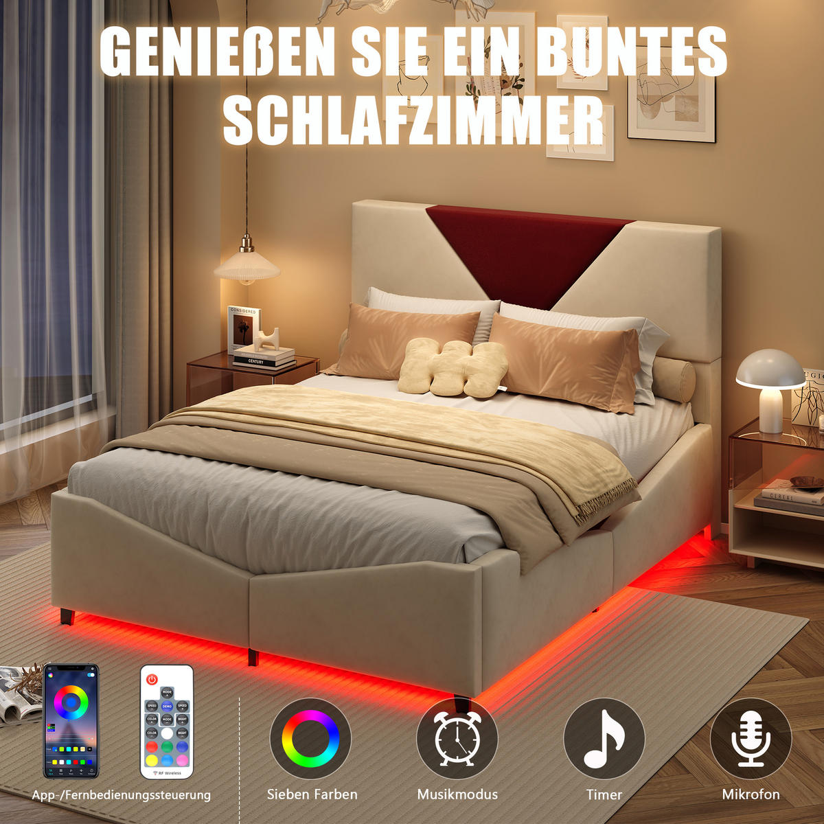 POLSTERBETT 140x200 cm - Zweifarbiges Dreiecksdesign in Bordeaux, LED-Kopfteil ajustable, Samtstoff, Moderner und schlichter Stil - Beige - Beige, Holzwerkstoff (140/200cm) - Brevoria