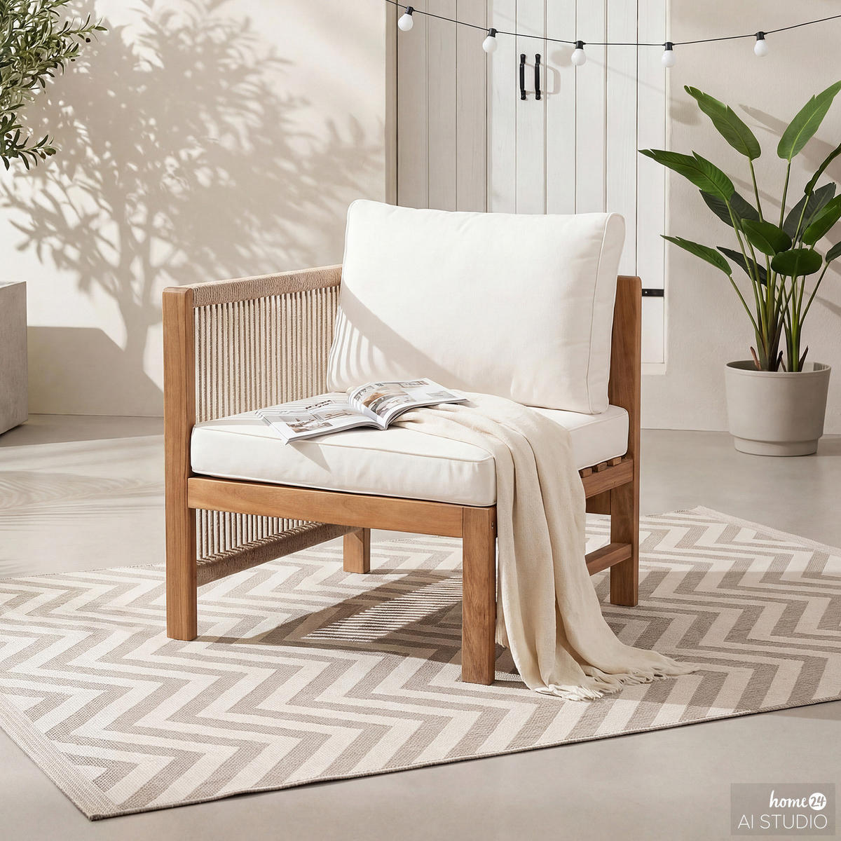 LOUNGESESSEL MIT 1 ARMLEHNE - Akazie massiv / Polyester - Braun / Beige - Beige/Braun, Holz/Textil (65/76/66cm) - home24