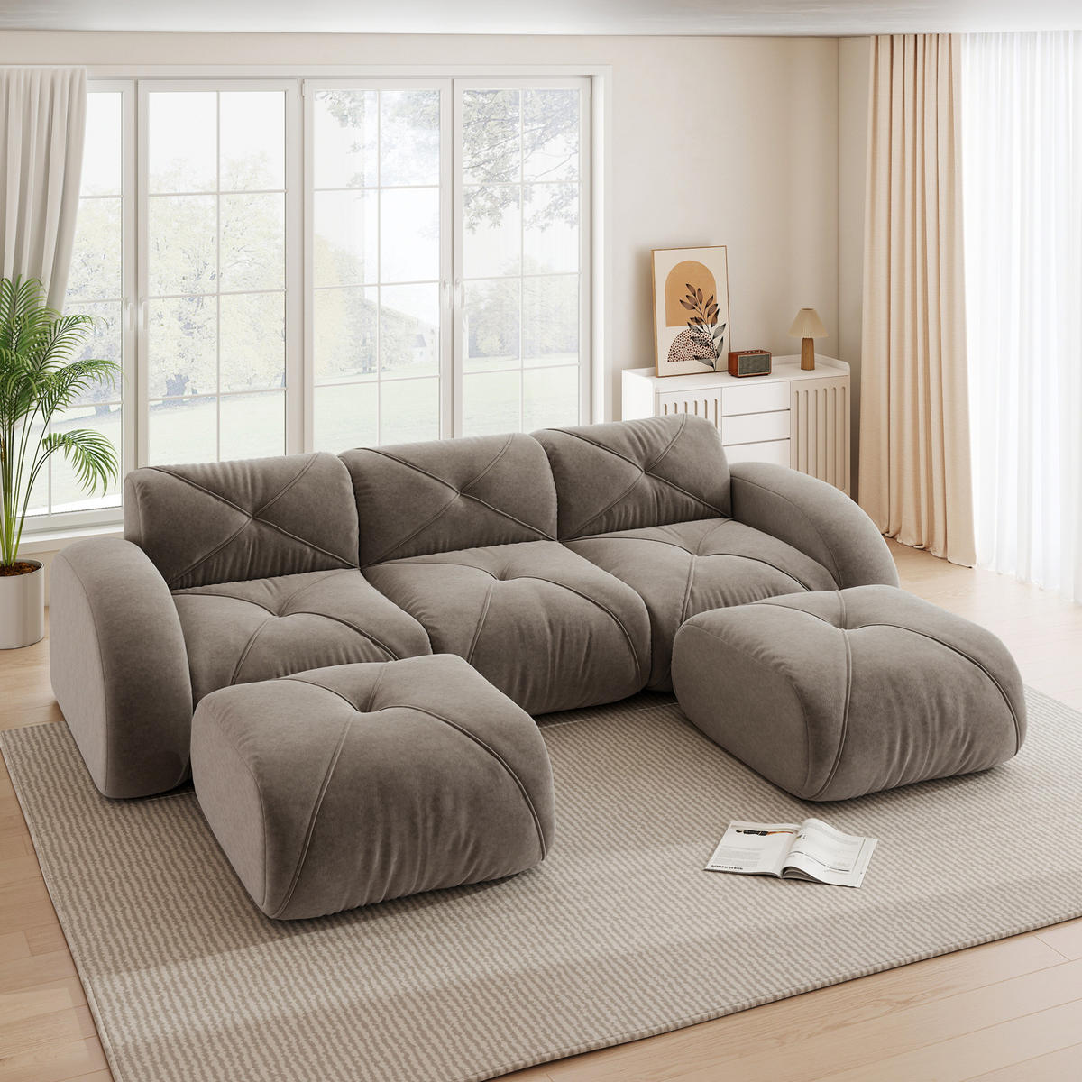 MODULSOFA U-Form Chenille Brown mit 2 Hockern - Braun, Kunststoff (171/76/281.1cm) - Meubliv