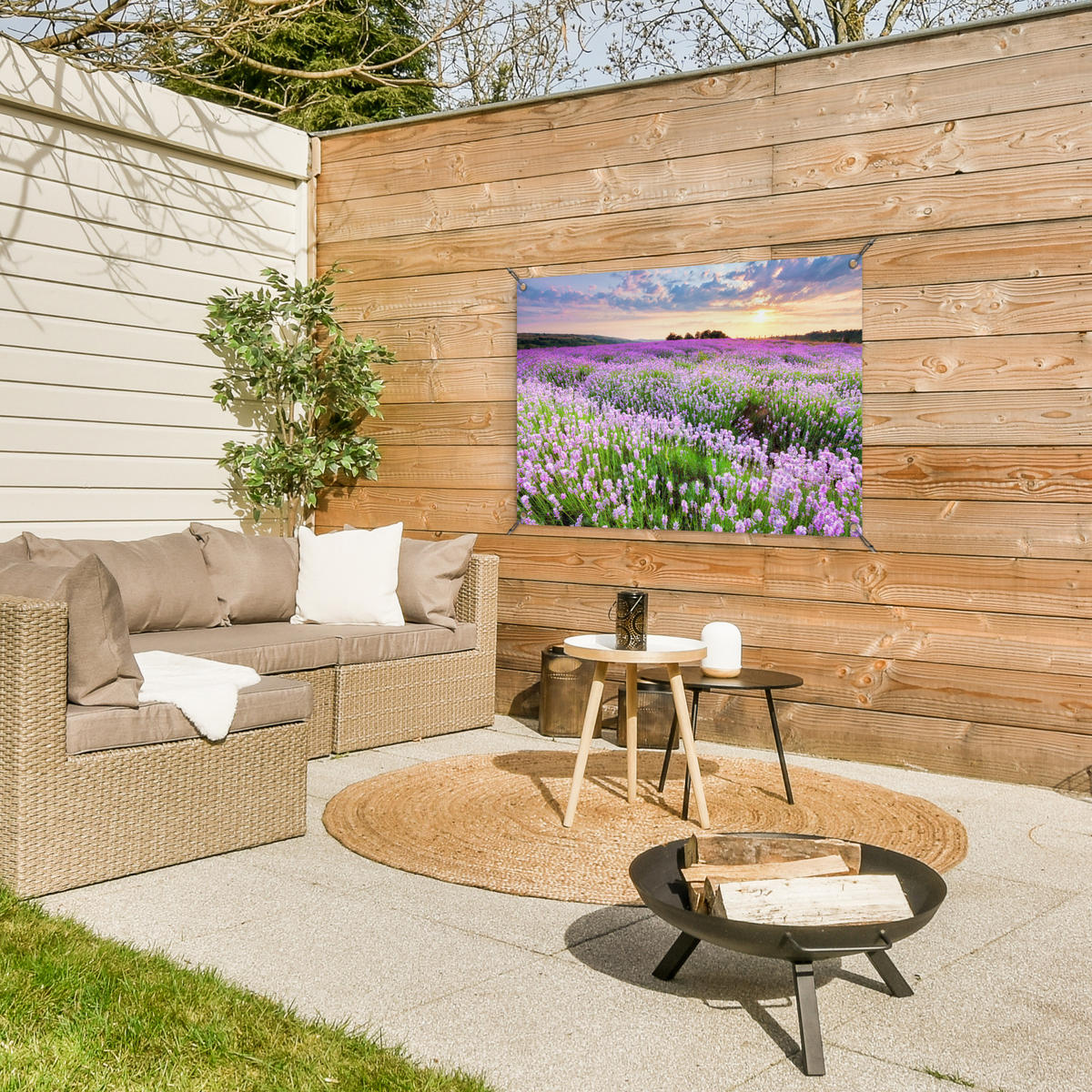 ZAHRADNÍ PLAKÁT Květiny - Levandule - Fialová - Obloha - Západ slunce - Louka - Příroda 90x60 cm - šeříková, plast (90/60/0.2cm) - OnlyWow