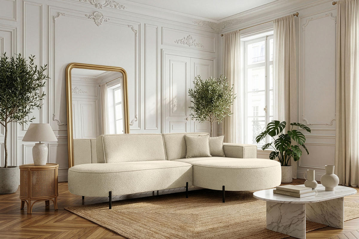 ECKSOFA Hana Loft 3-Sitzer Ecke Rechts, Boucle, Beige 241/80/168 cm - Beige/Schwarz, Textil/Metall (241/168cm) - WFL GROUP